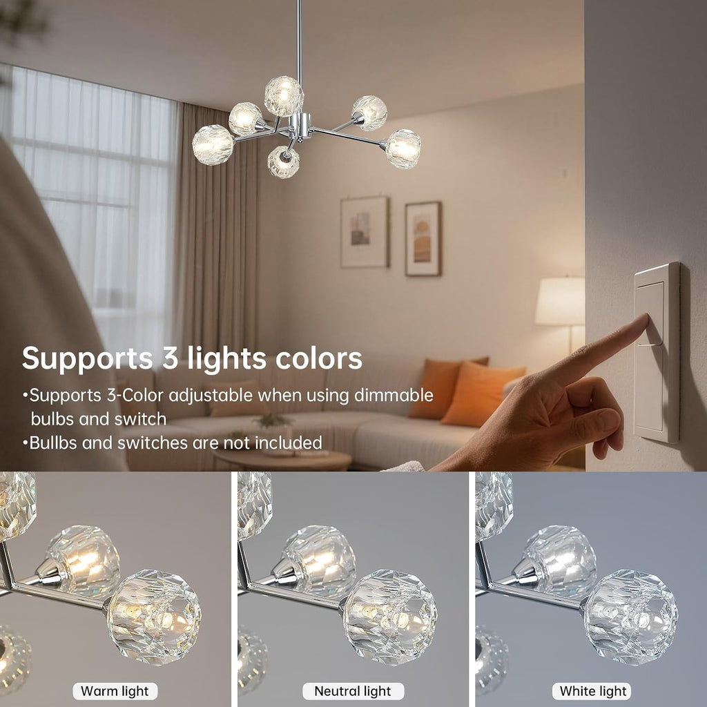 Weesalife Sputnik Chandeliers for Dining Room Light Fixture Over Table, Modern Crystal Chandeliers, 6 Lights Chrome Lighting Fixtures for Living Room Bedroom Kitchen Island