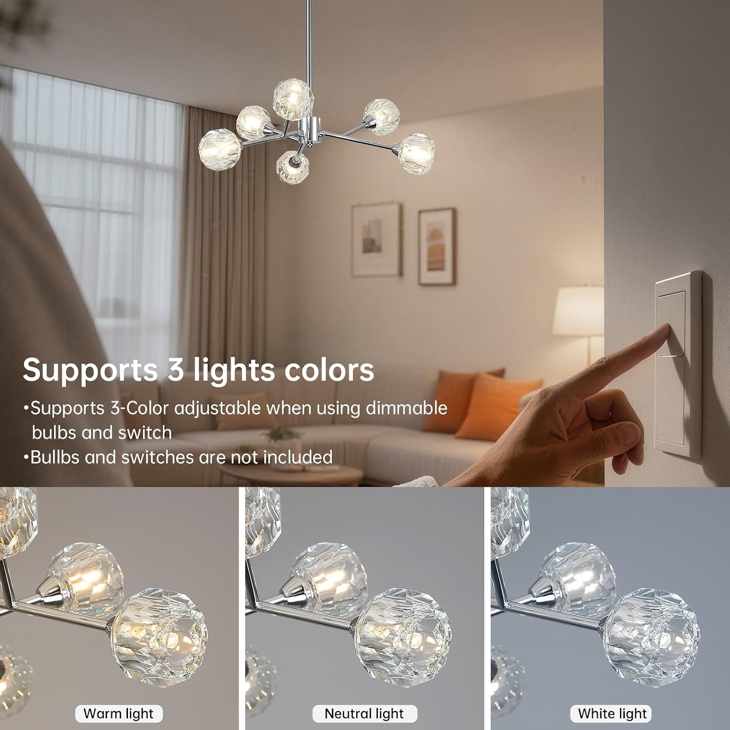 Weesalife Sputnik Chandeliers for Dining Room Light Fixture Over Table, Modern Crystal Chandeliers, 6 Lights Chrome Lighting Fixtures for Living Room Bedroom Kitchen Island