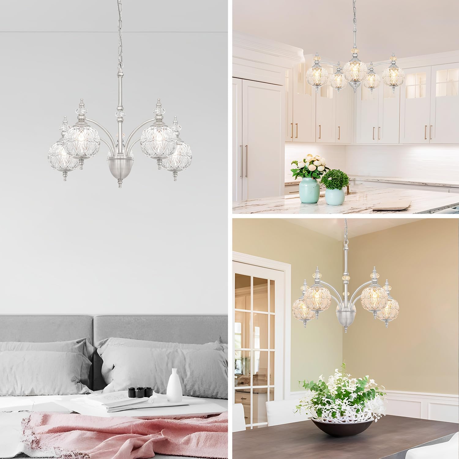 Vintage Brushed Nickel Chandelier - Adjustable Height Dining Room Light Fixture with Handcrafted Blown Glass - 5-Light G9 Base, Ideal for Kitchen, Entryway, Enhances Luxury Home Decor for Discerning