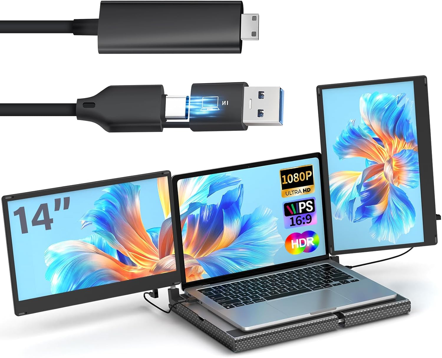 POTTMACEE 14' Laptop Screen Extender & H5-M USB Video Transmission Cable, Data to Video Signal Conversion Cable Portable Triple Monitor, Compatible with M1/M2/M3 MacBook