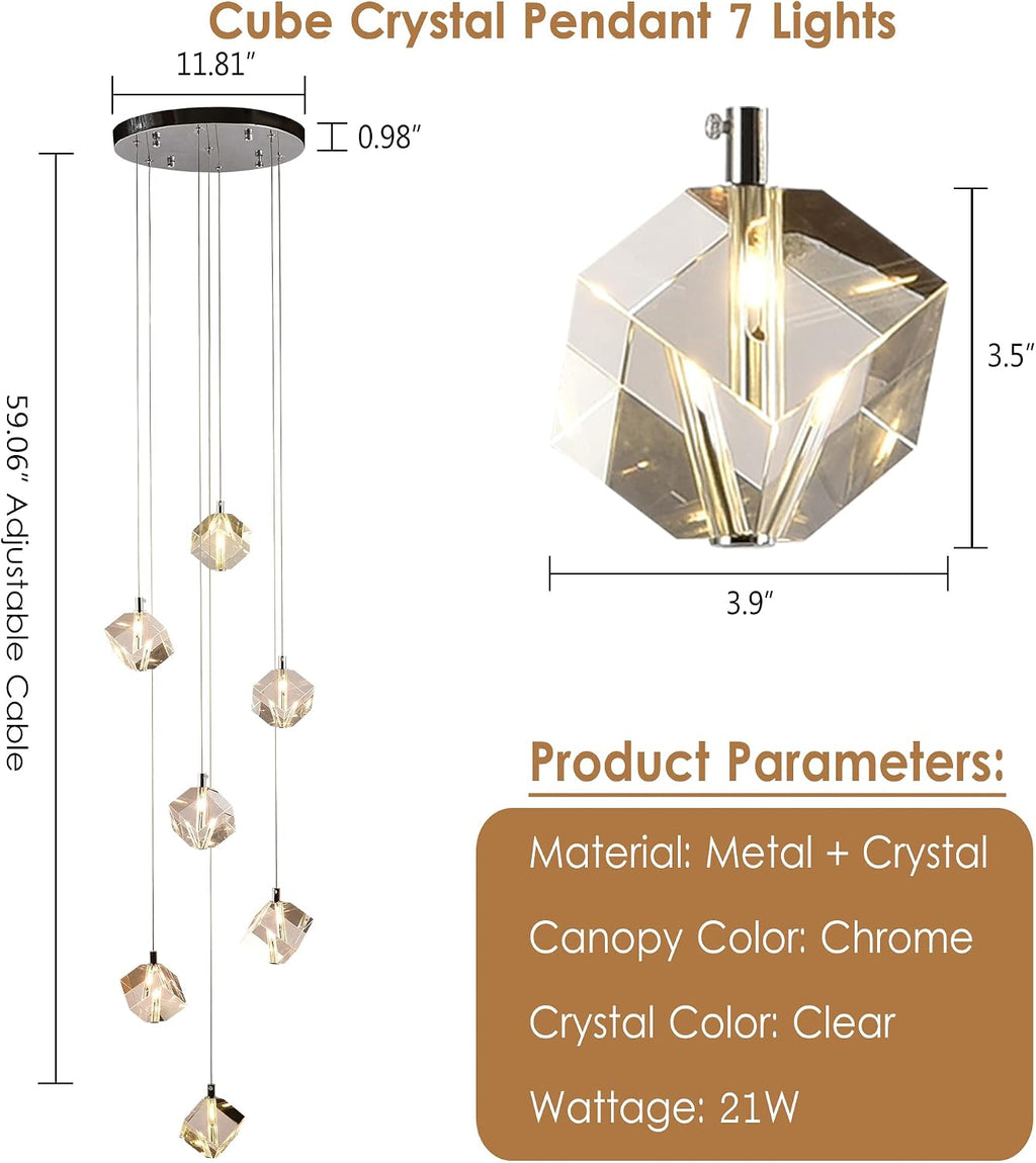 Cube Raindrop Staircase Chandelier, 7-Light Modern Cut Crystal Cluster Pendant Lights, 21W High Ceiling Square Crystal Foyer Chandelier Lighting Fixture for Living Room, Chrome