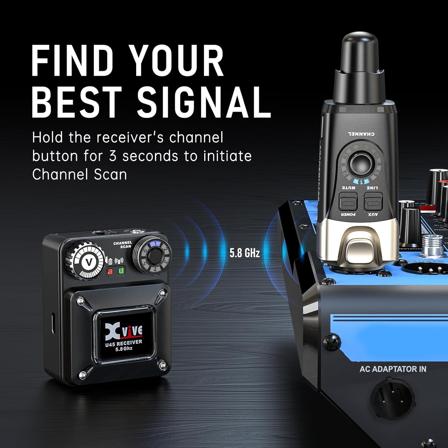 Xvive U45 Wireless in Ear Monitor System 5.8ghz IEM System Transmitter and bodypack Receiver for Studio, Band Rehearsal, Live Performance, Channel Scan Mode, Black