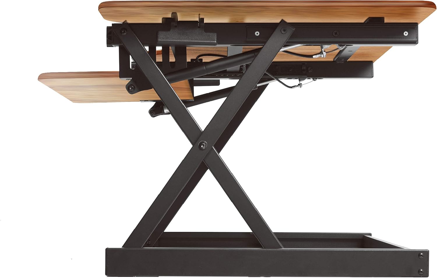 Rocelco 46' Height Adjustable Corner Standing Desk Converter with Dual Monitor Stand Bundle - Sit Stand Up Computer Workstation Riser - Extra Large Keyboard Tray - Teak Wood Grain (R CADRT-46-DMS)