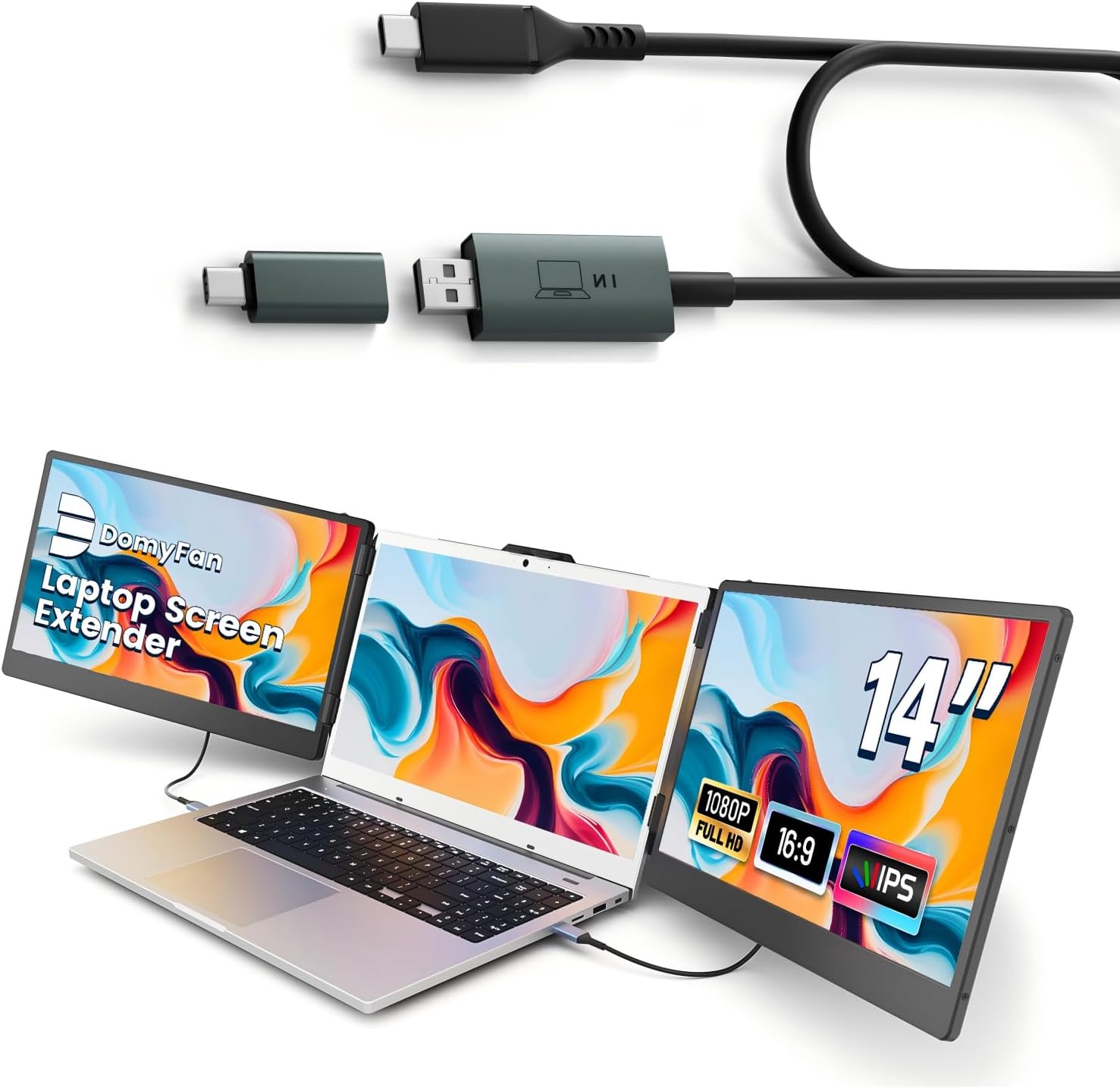 domyfan 14' Laptop Screen Extender with HUB/USB/HDMI Plug and Play for Windows, MacOS M1 M2 M3