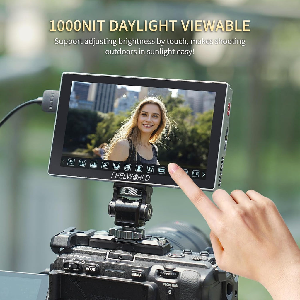FEELWORLD P6X 5.5 inch 1000nit Aluminium Camera Field DSLR Monitor with F750 4400mAh Battery and Bag Touchscreen High Brightness Portable Waveform LUT HDR 4K HDMI Input and Output Weight 249g