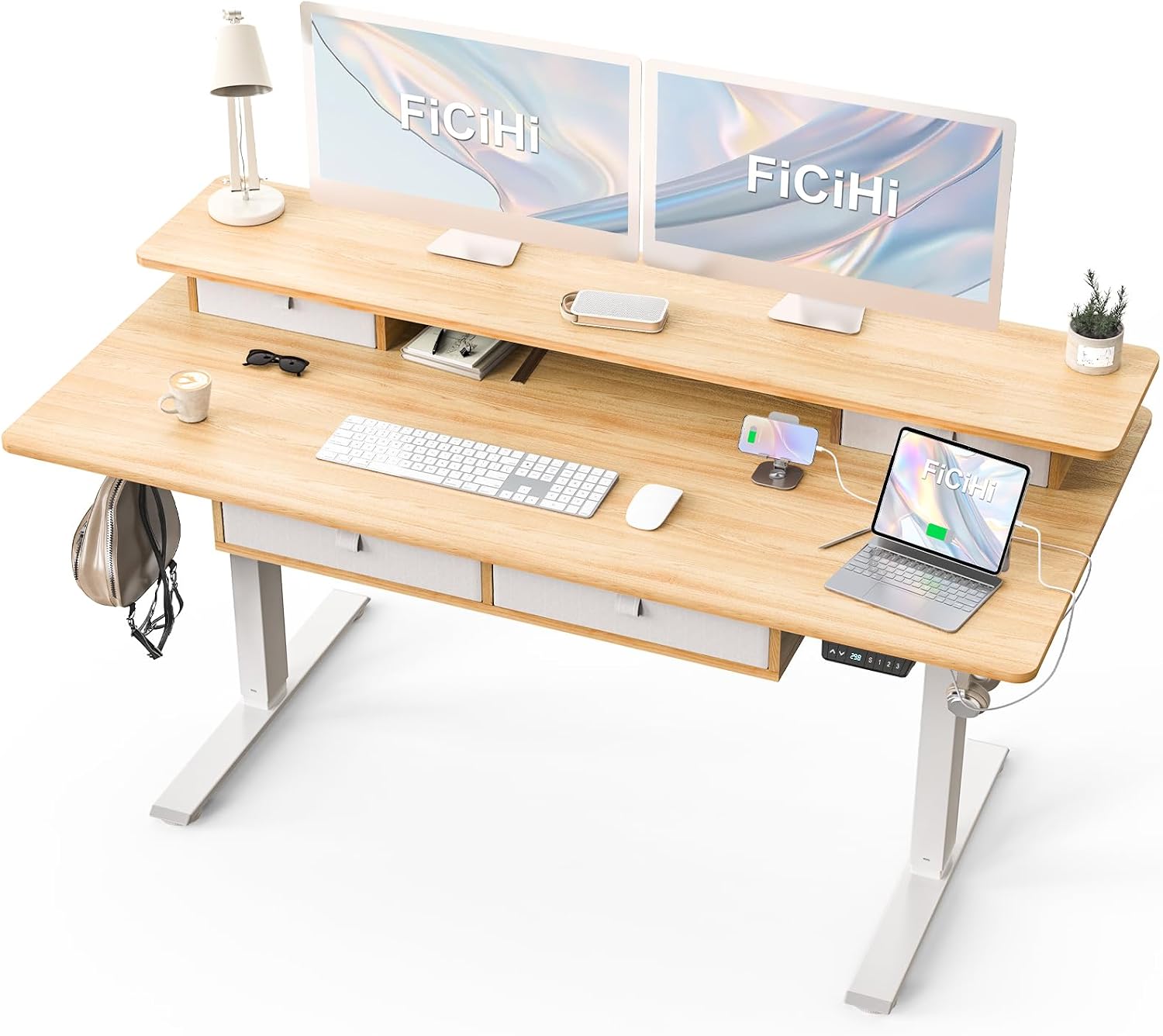 FiCiHi Adjustable Height Standing Desk with 4 Drawers,55 x 30 inches Electric Sit Stand Home Office Desk with Two Tiers, 3 Memory Presets, Monitor Stand Riser, USB A/C Charging Port