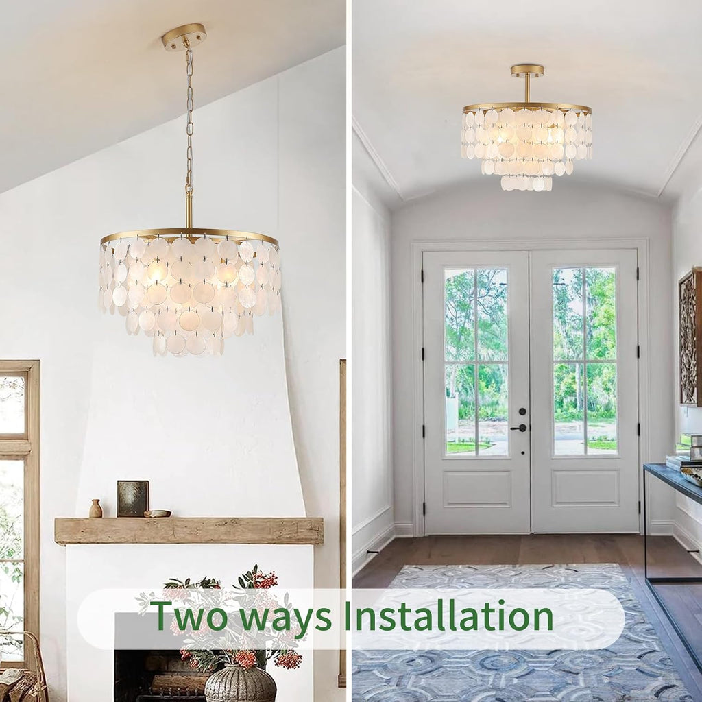 17.72' Capiz Shell Chandelier, 5 Light Modern Coastal Chandeliers, Gold Dining Room Light Fixture, Natural Seashell Hanging Light Fixtures for Living Room Bedroom Kitchen Foyer Bathroom