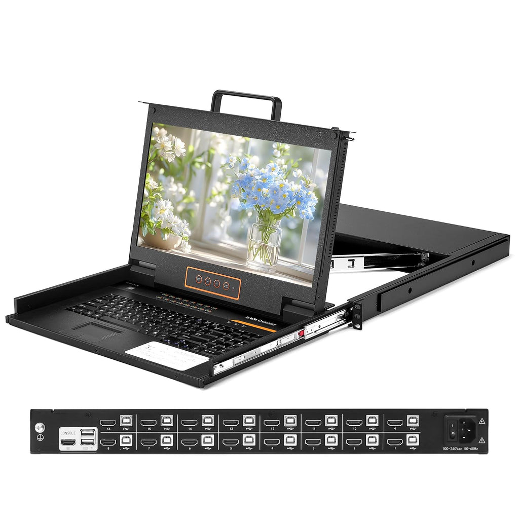 16 Port HDMI Rack Mount KVM Console 17.3-Inch 1080P with HDMI KVM Cables, Standard 1U Height KVM Switch Drawer+ Rackmount Monitor+ Keyboard+Touchpad, OSD/Hotkey/Button Switching, Fits 19'' Rack