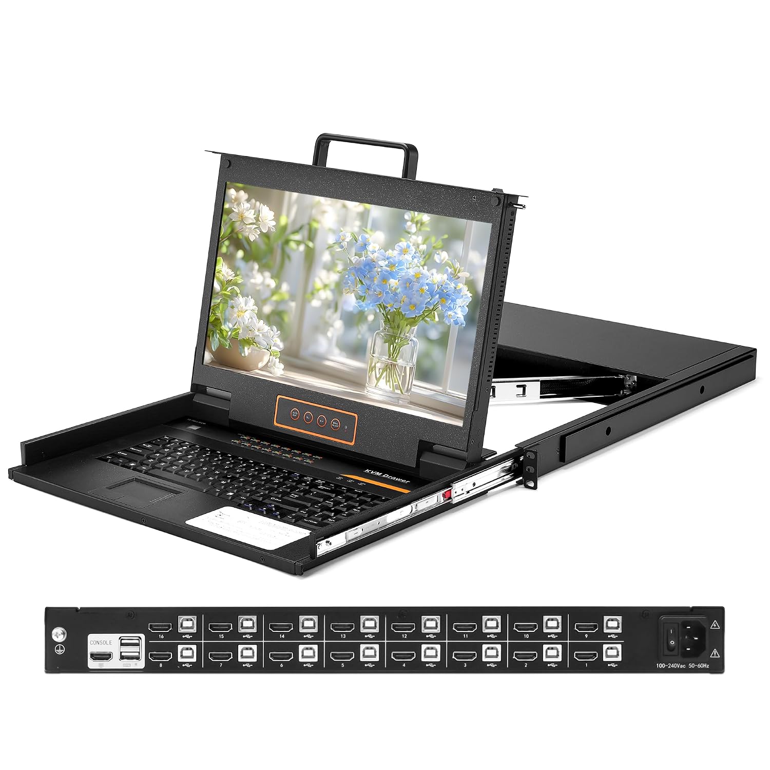16 Port HDMI Rack Mount KVM Console 17.3-Inch 1080P with HDMI KVM Cables, Standard 1U Height KVM Switch Drawer+ Rackmount Monitor+ Keyboard+Touchpad, OSD/Hotkey/Button Switching, Fits 19'' Rack