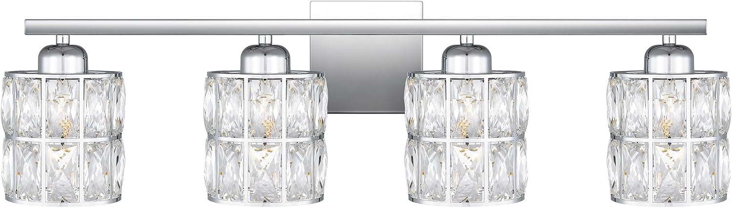 Quoizel Gibson Bath Vanity Lights, 30 Inch 4-Light Polished Chrome Bathroom Lighting Fixtures Over Mirror, Clear Beveled Crystal Shade, Contemporary Wall Mount Light for Bathrooms, Kitchen or Hallway