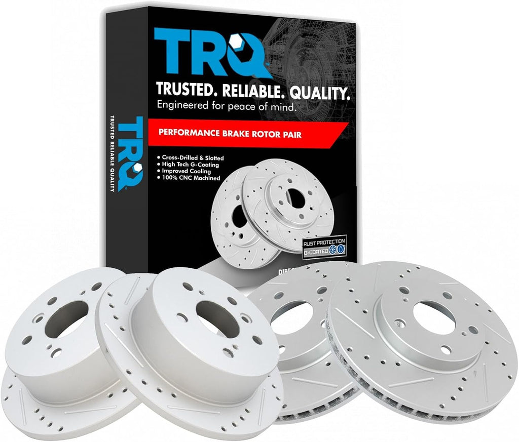 TRQ Front and Rear Performance Brake Rotors Set Premium G-Coated Cross Drilled & Slotted Compatible with 2002-2006 Toyota Camry