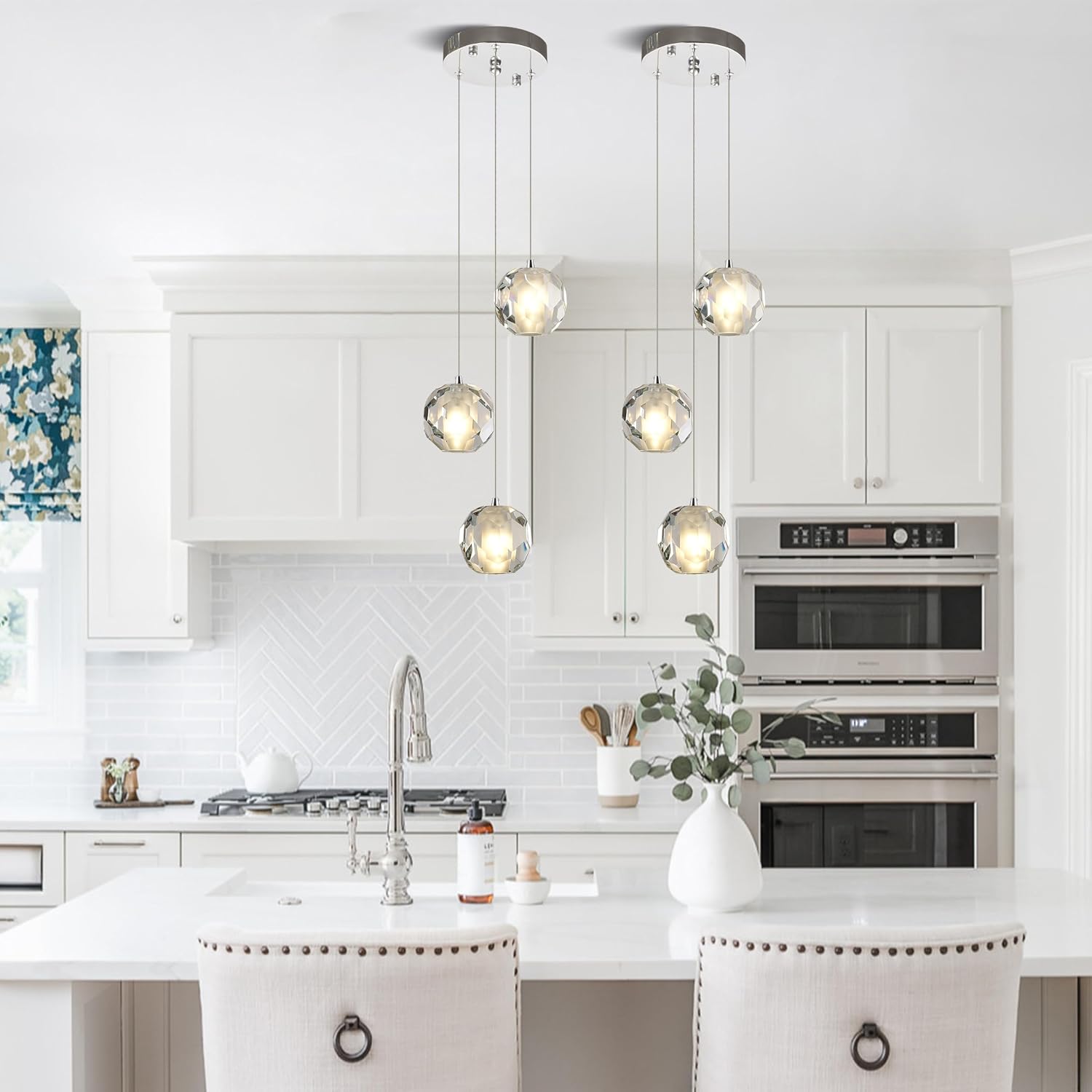 3-Light Modern Pendant Light, Multi-facted Crystal Cluster Pendant Light Fixture in Chrome, Adjustable Hanging Lighting for Kitchen Island Dining Room Hallway