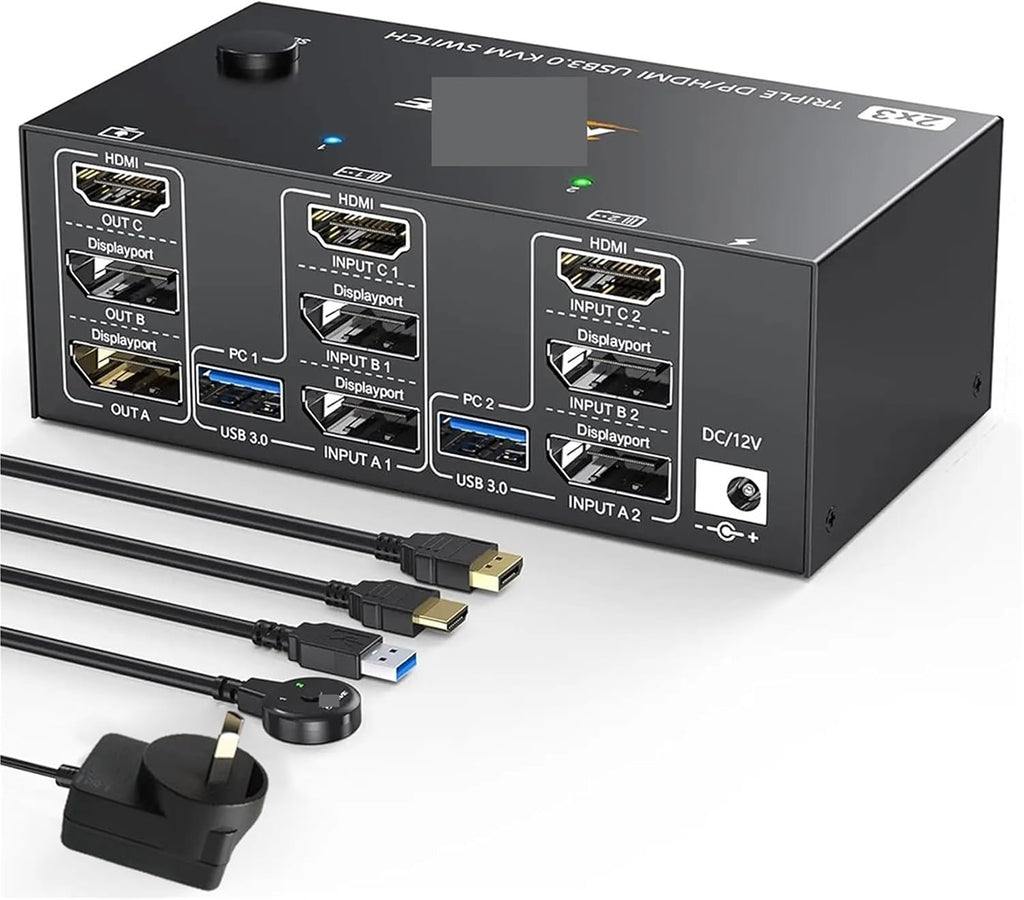 Triple Monitors KVM Switch,2 Displayport + HD-MIUSB KVM Switch 8K@60Hz,4K@144Hz 3 Monitors 2 Computers KVM with 4 USB 3.0 Ports(AU Plug)