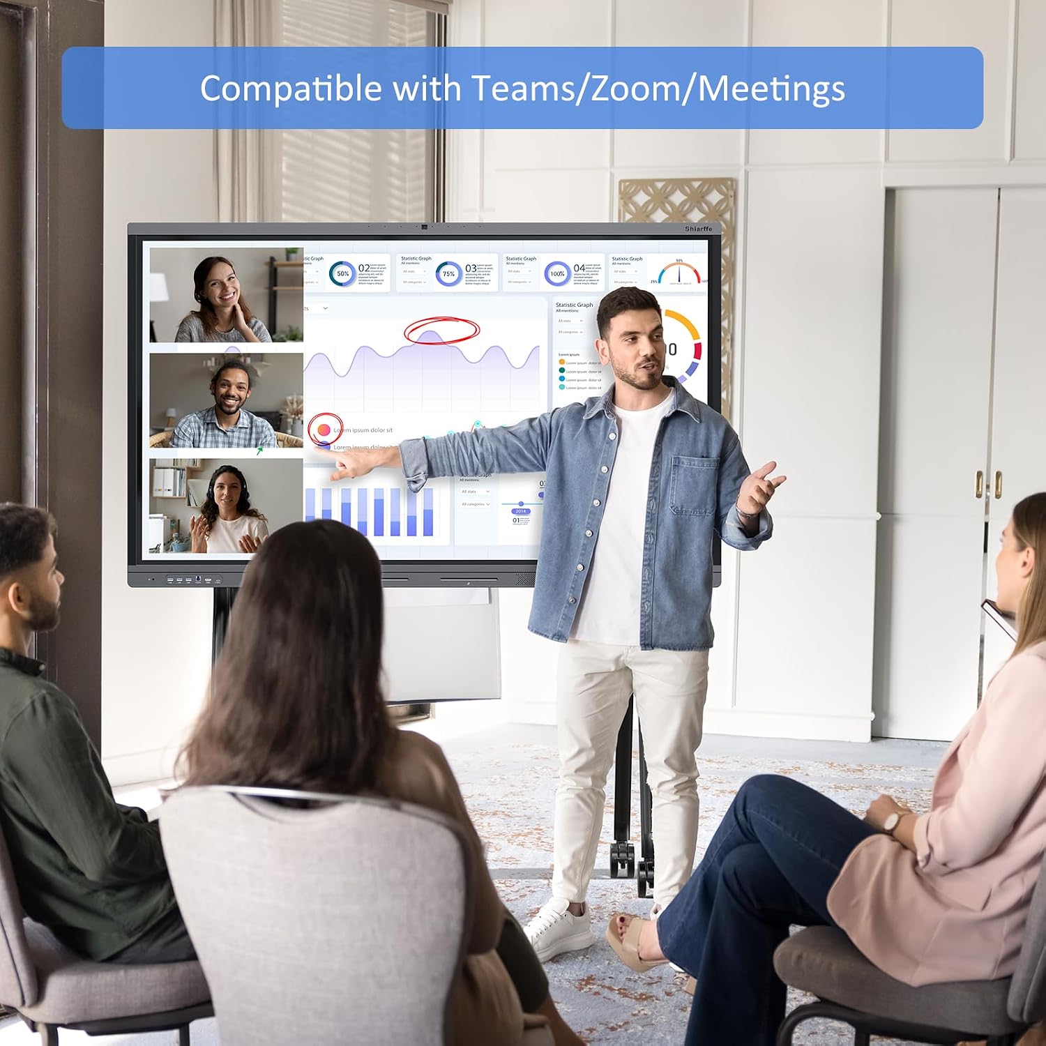 Shiarffe X5 Smart Board 65 Inch 4K Interactive Whiteboard 8GB RAM + 128GB Storage All-in-One Touchscreen Monitor Built-in 48MP Camera Mics and Speaker for Classrom Hybrid Work (Board Only)