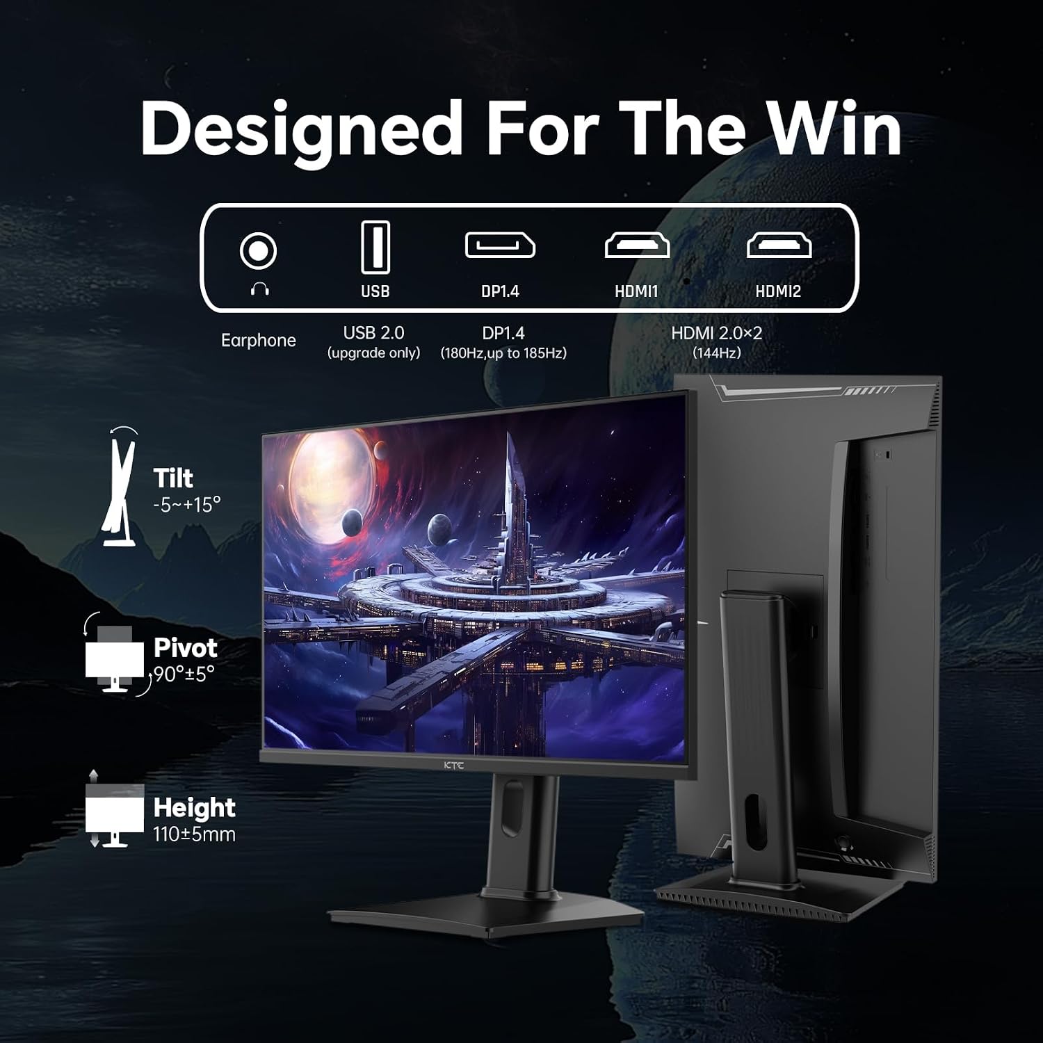 KTC 24 inch Gaming Monitor QHD 180Hz, Fast IPS 1440p Computer Monitor, Up to 185Hz, 1ms, G-Sync/FreeSync, HDR400, Height Adjustable, 2 x HDMI, 1 x DP H24T7