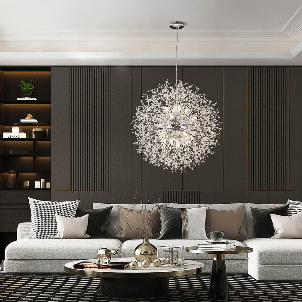 Modern Crystal Chandelier Firework, 31.4' Dandelion Crystal Chandelier Lighting Chrome, 16-Light Steel Large Pendant Sputnik Chandelier for Living Room Foyer
