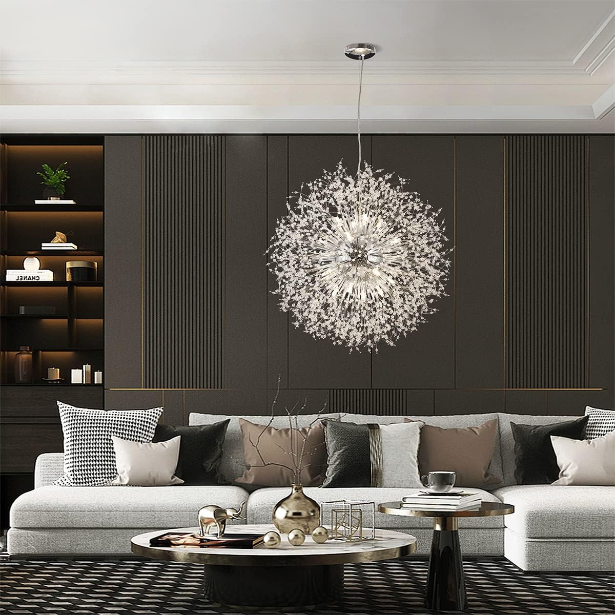 Modern Crystal Chandelier Firework, 31.4' Dandelion Crystal Chandelier Lighting Chrome, 16-Light Steel Large Pendant Sputnik Chandelier for Living Room Foyer