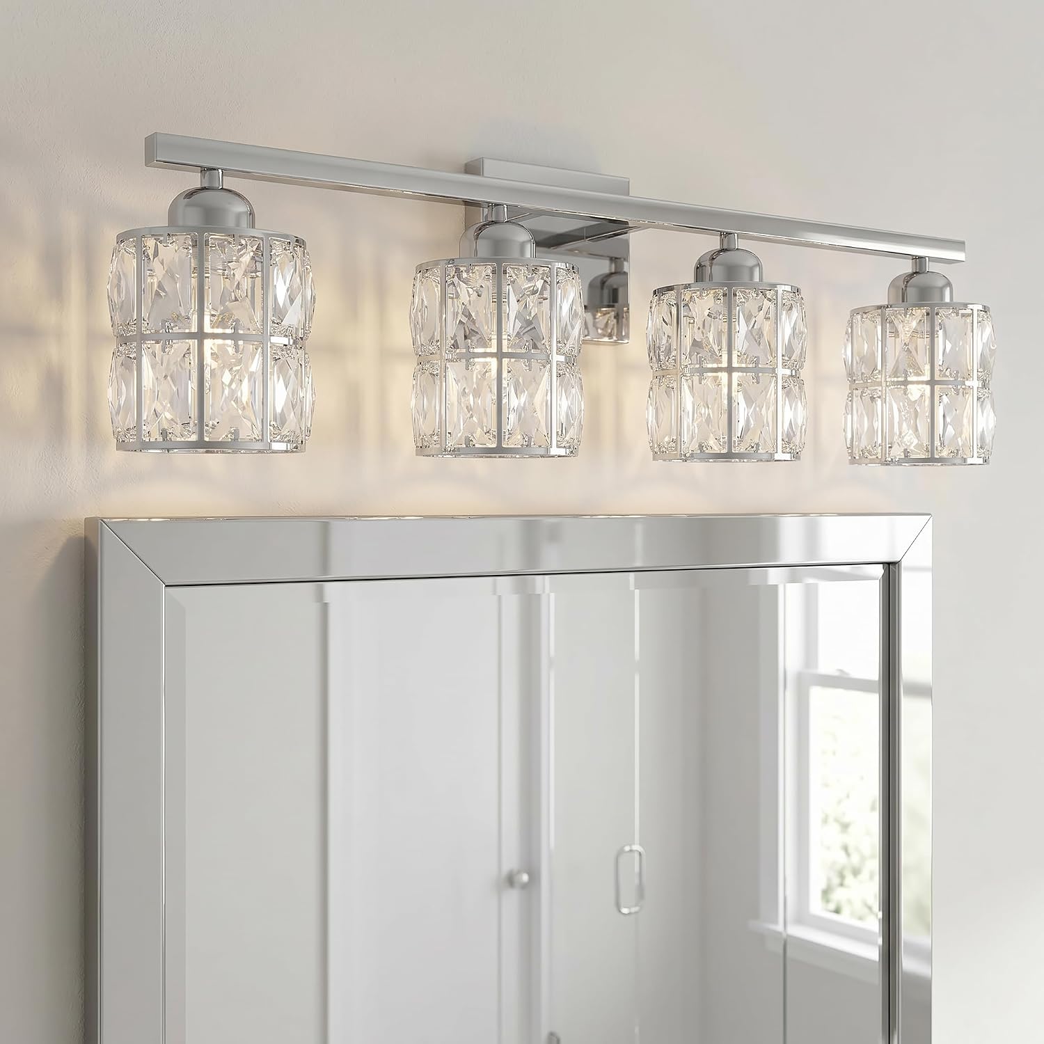 Quoizel Gibson Bath Vanity Lights, 30 Inch 4-Light Polished Chrome Bathroom Lighting Fixtures Over Mirror, Clear Beveled Crystal Shade, Contemporary Wall Mount Light for Bathrooms, Kitchen or Hallway