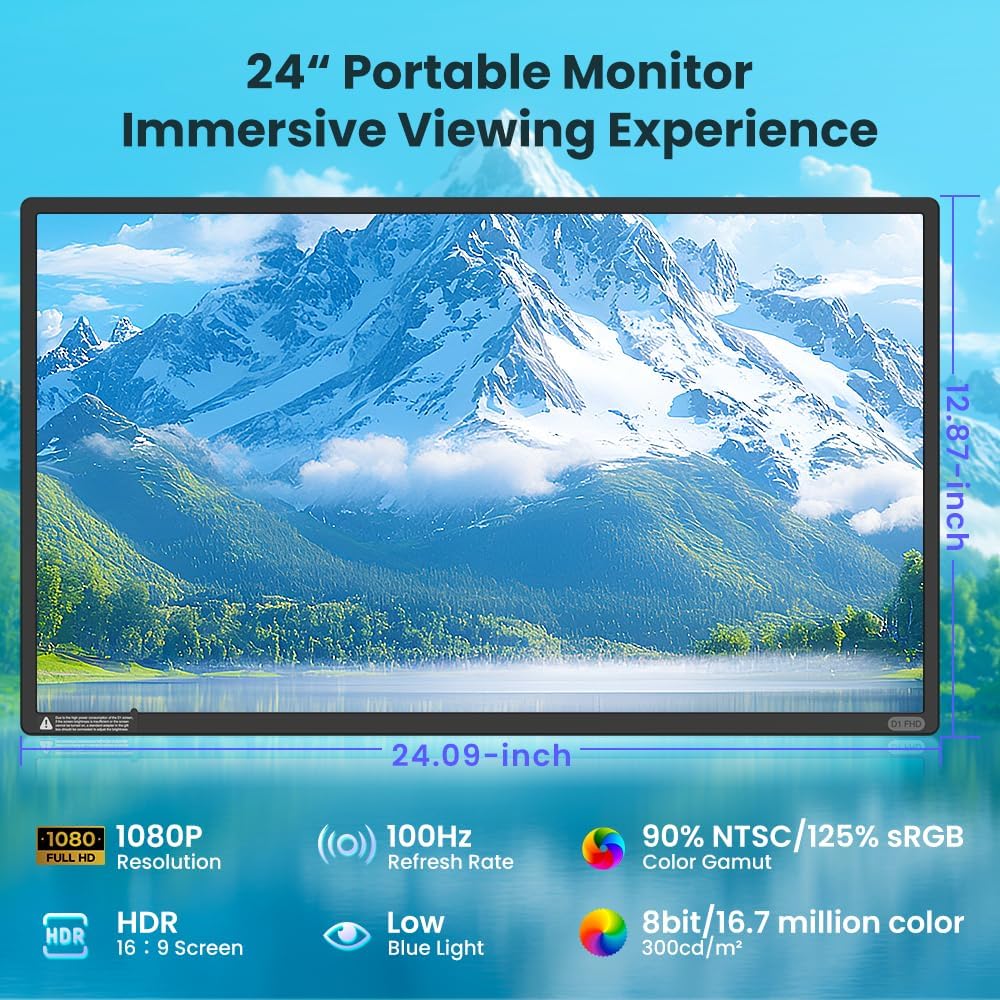 Hyangin Used Good 24-inch Large Portable Monitor for Laptop, 2026 Upgraded 1080P FHD 100Hz Portable Screen,125% sRGB IPS Portable Second Monitor with Adjustable Stand for Laptop, MacBook, Phones