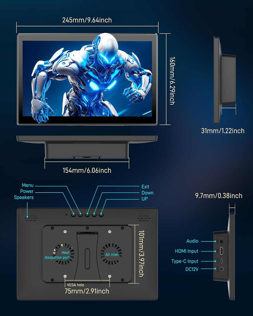 10.1-inch Touchscreen Monitor, HDMI 1920×1200 60hz 16:10 IPS Laptop Monitor, Dual Built-in Speakers, HDMI Input, Compatible with R Pi 5/4/3/2 Windows 10/8/7 Supports Standard VESA