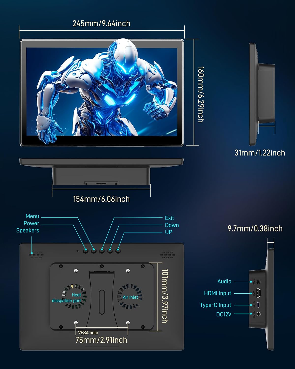 10.1-inch Touchscreen Monitor, HDMI 1920×1200 60hz 16:10 IPS Laptop Monitor, Dual Built-in Speakers, HDMI Input, Compatible with R Pi 5/4/3/2 Windows 10/8/7 Supports Standard VESA