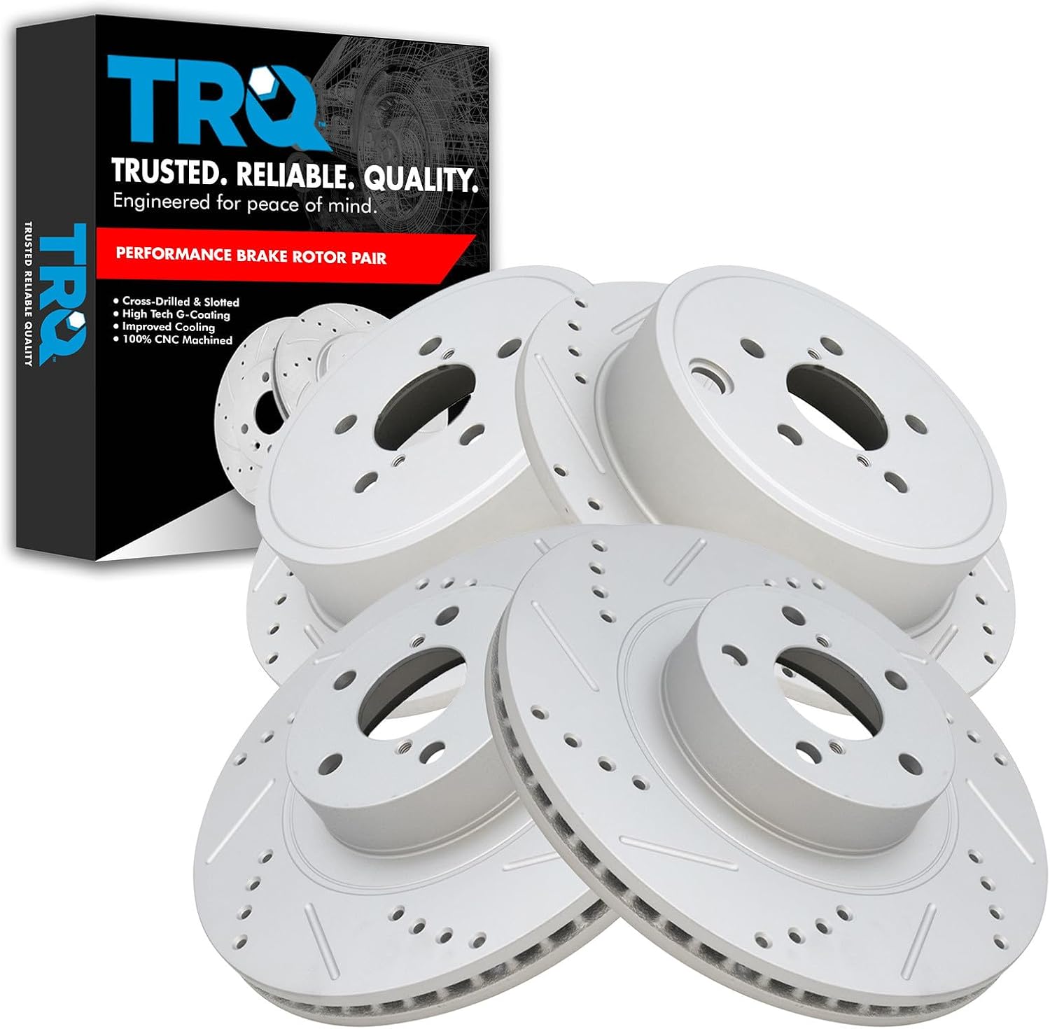 TRQ Performance Front and Rear Brake Rotor Set G Coated Drilled and Slotted Vented Solid Compatible with 2013-2015 Subaru BRZ 2009-2013 Forester 2008-2014 Impreza 2010-2014 Legacy Outback