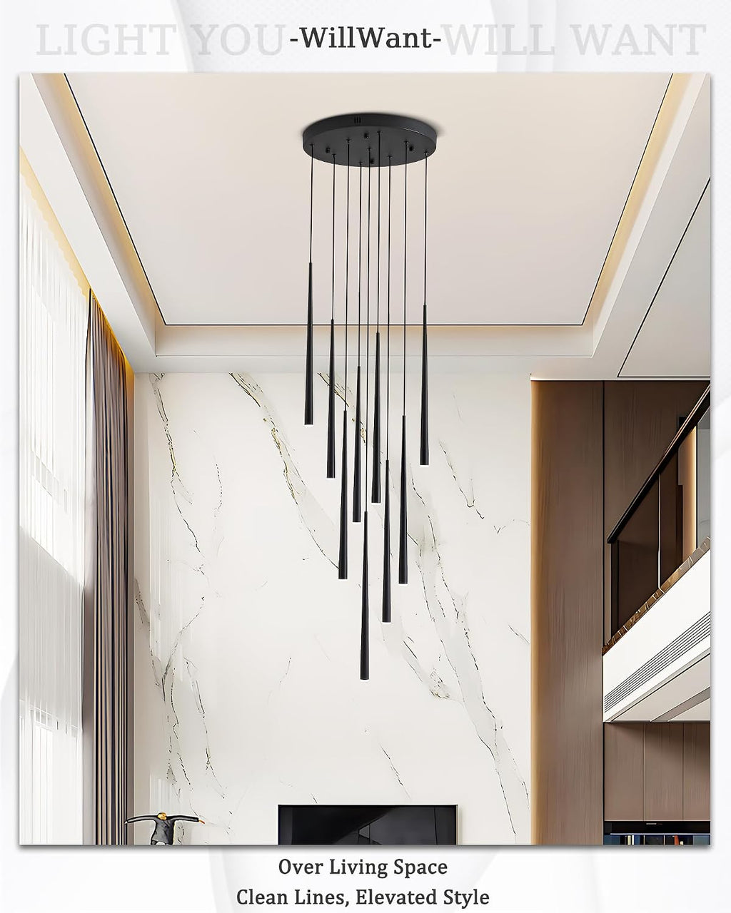 9-Light LED High Ceiling Chandelier, Modern Black Long Linear Pendant Chandelier for Staircase Entryway Foyer, Large Dimmable Hanging Light with 3 Color Temperatures