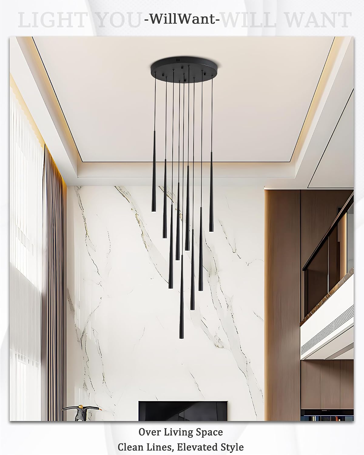 9-Light LED High Ceiling Chandelier, Modern Black Long Linear Pendant Chandelier for Staircase Entryway Foyer, Large Dimmable Hanging Light with 3 Color Temperatures