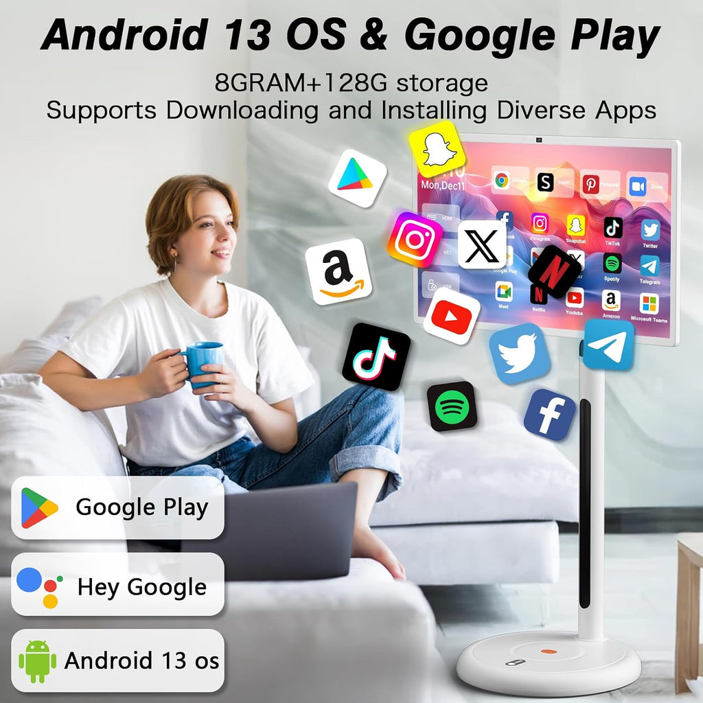 32 Inch Portable Smart TV on Wheels, RollingTV Touch Screen Monitor,with 4k Camera,(8GRAM+128GB),Android 13,(5-8-HourBattery,Full Swivel Rotation (32 inch Pro)