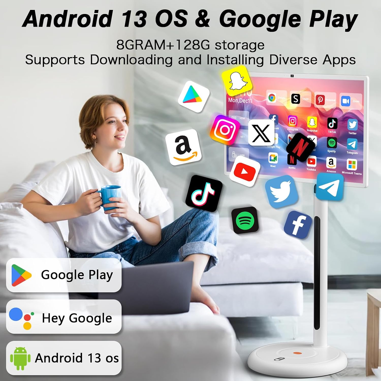32 Inch Portable Smart TV on Wheels, RollingTV Touch Screen Monitor,with 4k Camera,(8GRAM+128GB),Android 13,(5-8-HourBattery,Full Swivel Rotation (32 inch Pro)