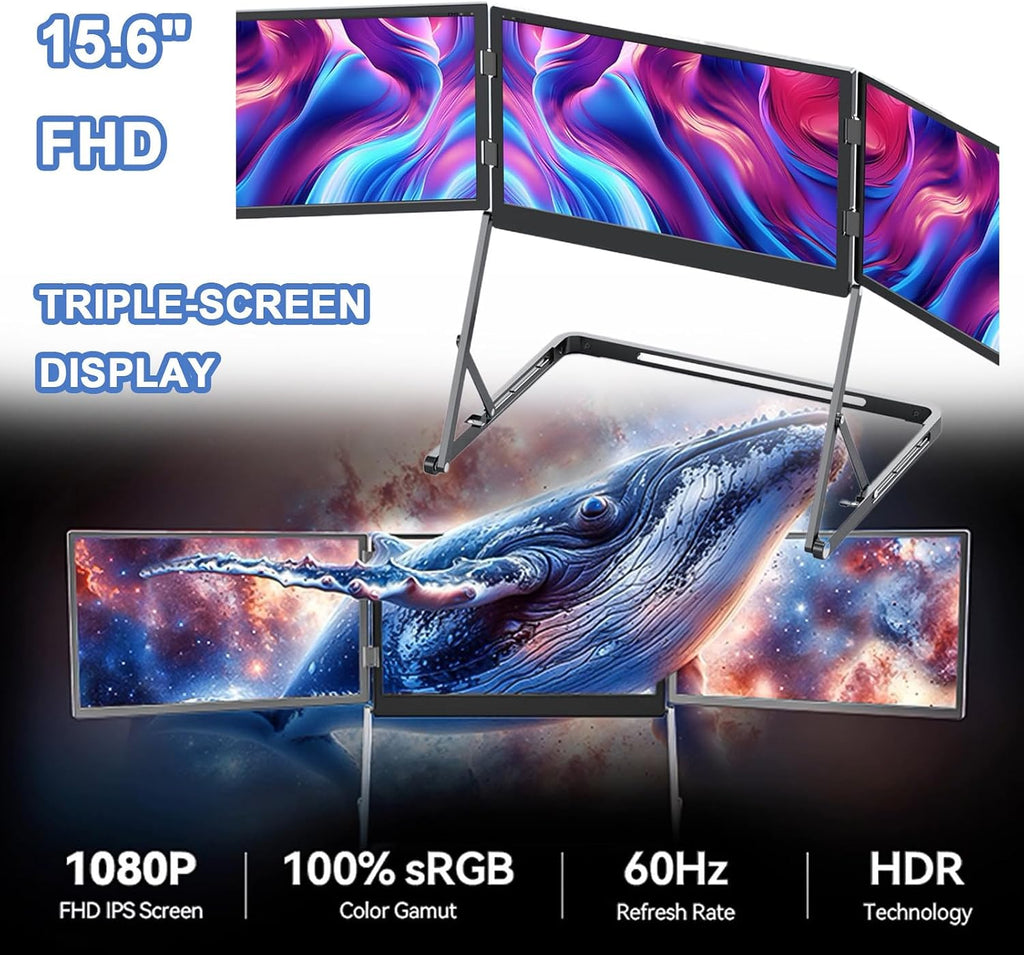15.6' Portable Laptop Screen Extender, 1080P Triple Monitor with 360° Rotation, Adjustable Viewing Angles for Office & Remote Work, Boost Productivity & Multitasking