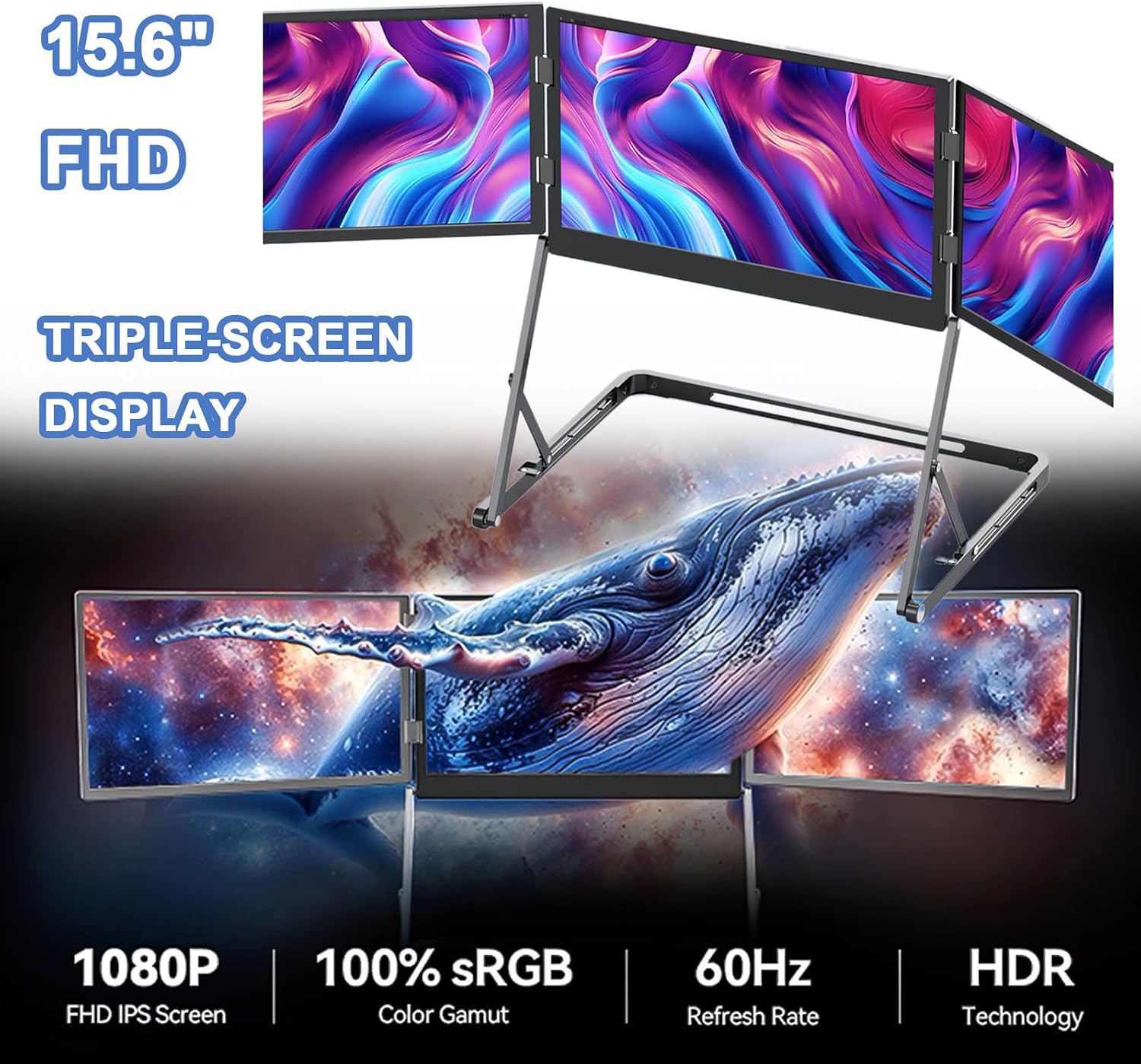 15.6' Portable Laptop Screen Extender, 1080P Triple Monitor with 360° Rotation, Adjustable Viewing Angles for Office & Remote Work, Boost Productivity & Multitasking