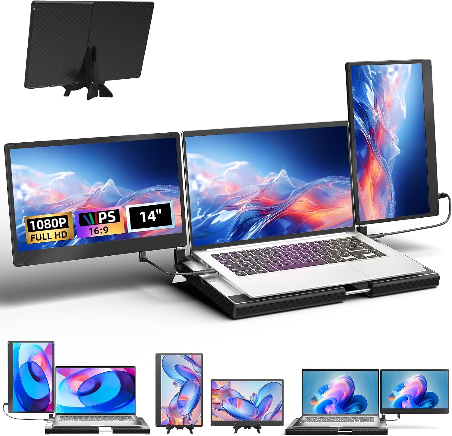 Laptop Screen Extender - 14' Triple Portable Monitor 360 Degrees Rotation IPS FHD 1080P Detachable Screen with Stand for Windows/MacChrome