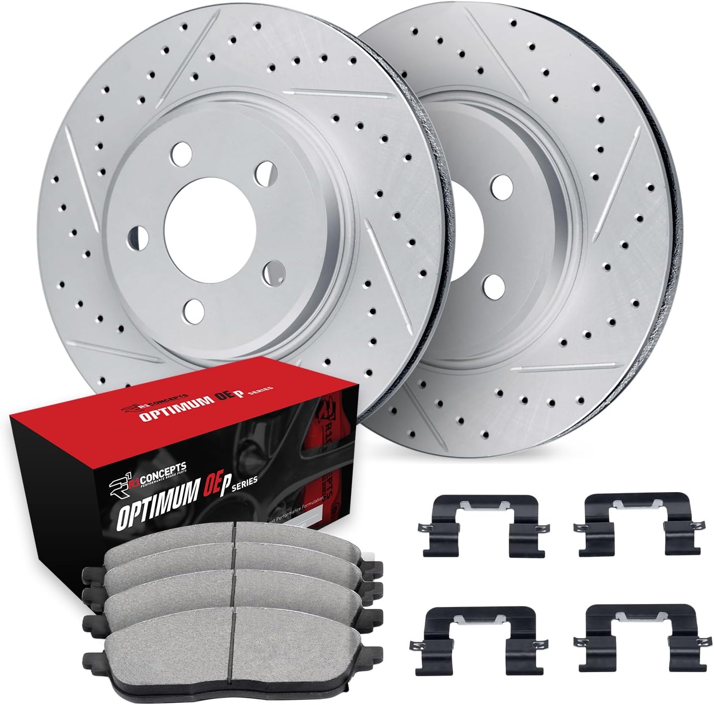 R1 Concepts Front Brake Kit Fits 2006-2011 Honda Civic Coupe Si; 2007-2011 Honda Civic Sedan Si| Optimum Oep Pads, Drilled Slotted Rotors| Hardware| 11.8' Front