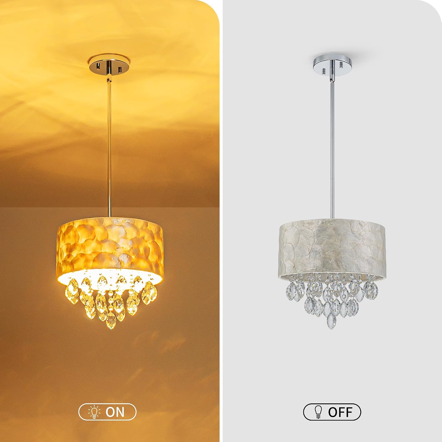 3-Light Drum Capiz Shell K9 Crystal Chandelier, Coastal Style Pendant Light Fixture for Dining Room, Living Room, D12 * H19~49 inch (Adjustable), Clear Crystal & Chrome Finish Frame