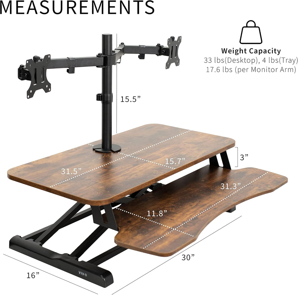 VIVO Height Adjustable 32 inch Standing Desk Converter with Dual 13 to 30 inch Monitor Stand, Sit Stand Monitor Mount and Desk Riser, Vintage Brown Top, Black Frame, DESK-V000KN-M2