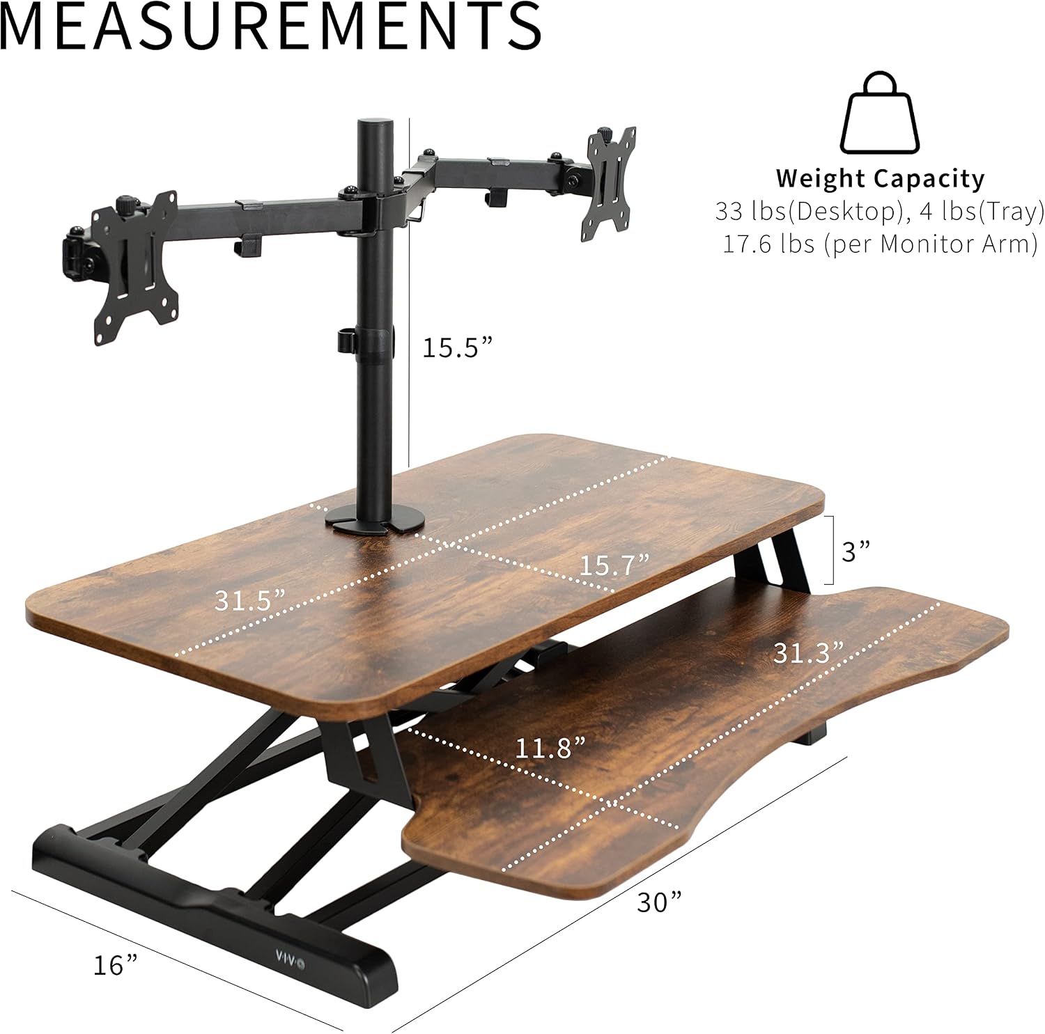VIVO Height Adjustable 32 inch Standing Desk Converter with Dual 13 to 30 inch Monitor Stand, Sit Stand Monitor Mount and Desk Riser, Vintage Brown Top, Black Frame, DESK-V000KN-M2