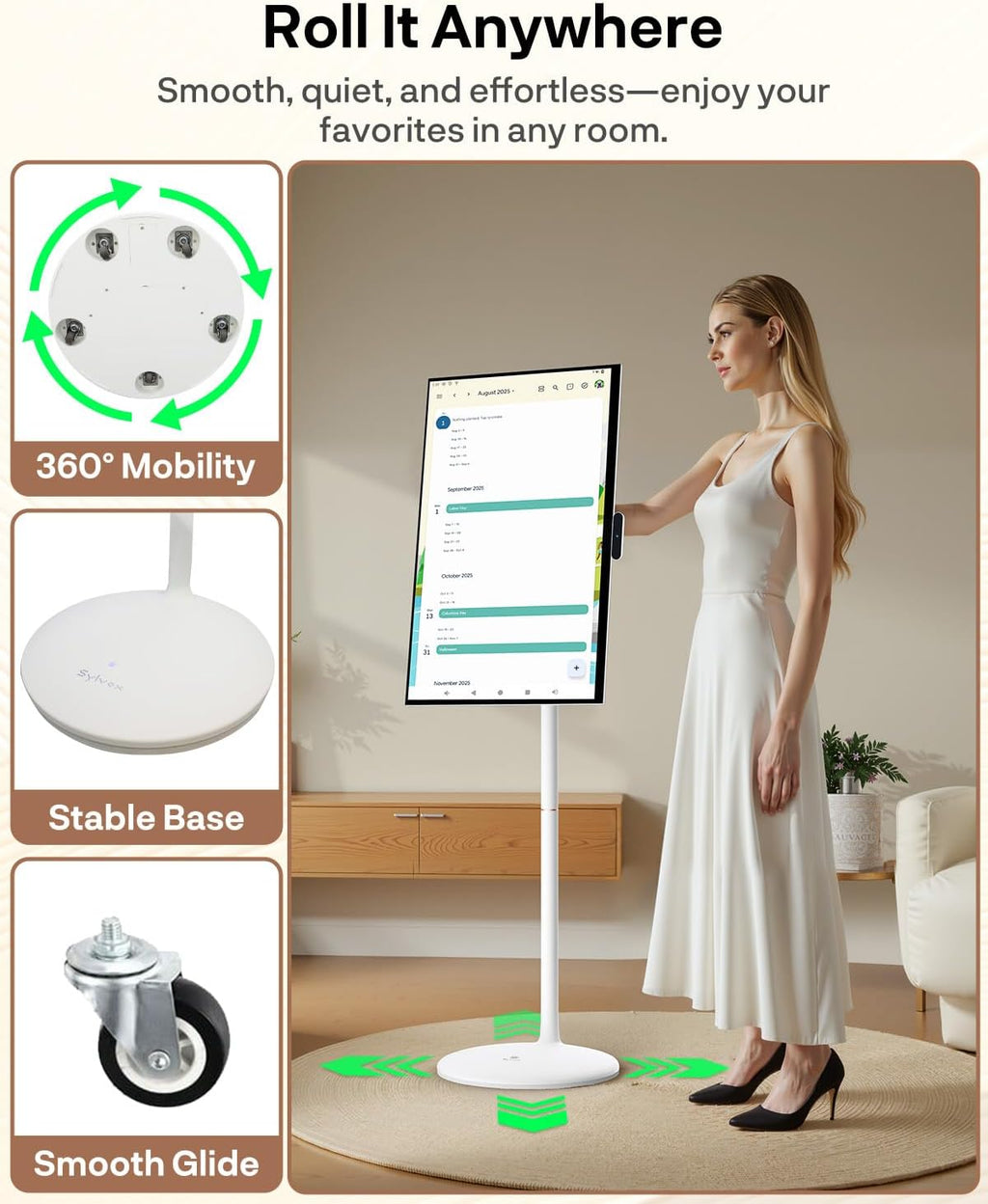 SYLVOX 32' Smart Rolling Display with Stand, Portable Touchscreen Monitor for Streaming TV Apps, Built-in 4-5H Battery, 1080P with 8MP Removable Webcam for Home, Office & Entertainment