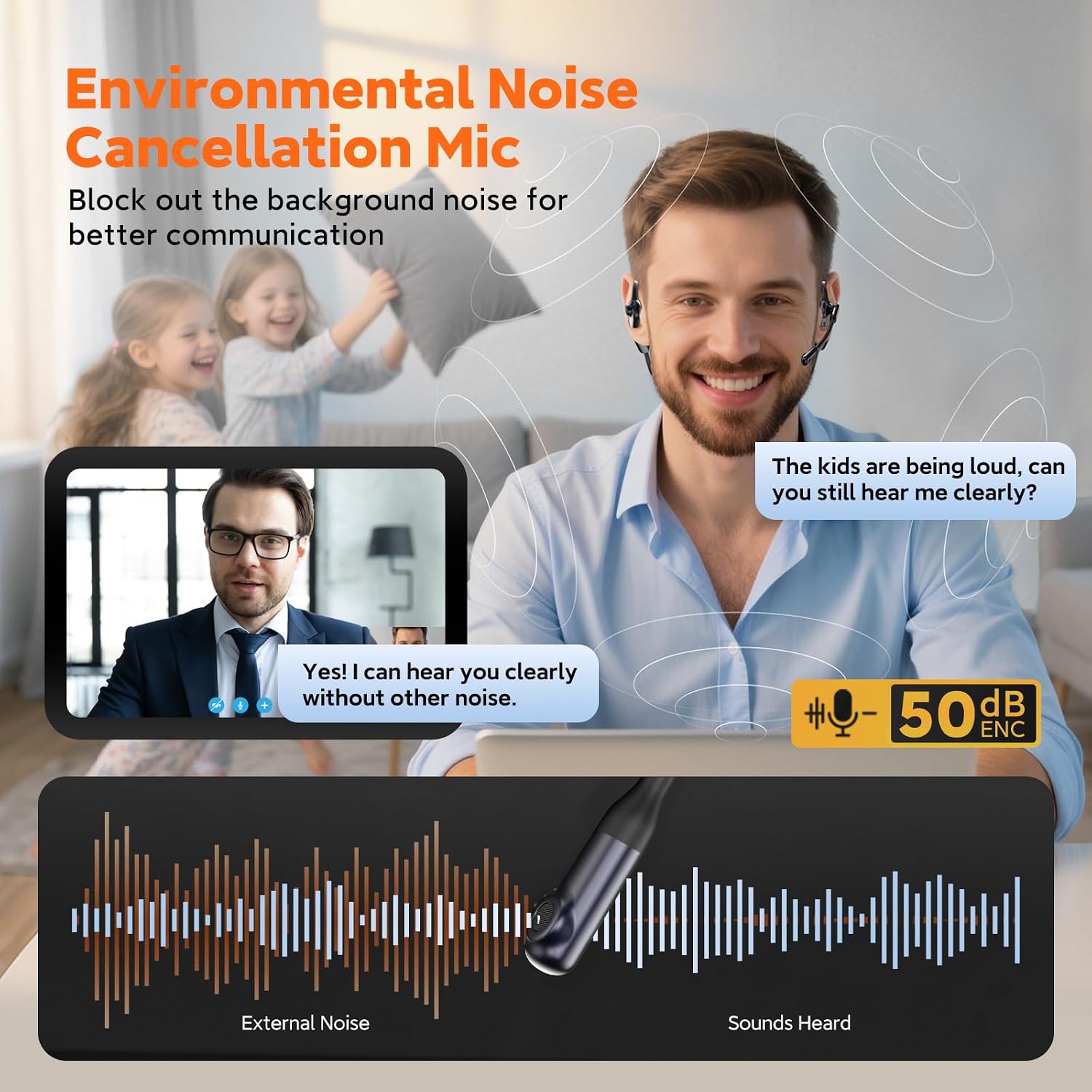 P200b Pro Wireless Headset with Mic for Work,50dB AI Noise Cancelling Microphone Headphones for Call,Bluetooth 5.3 Open Ear Headphones with USB-A Dongle for Office,Meeting,WFH,PC & Phone