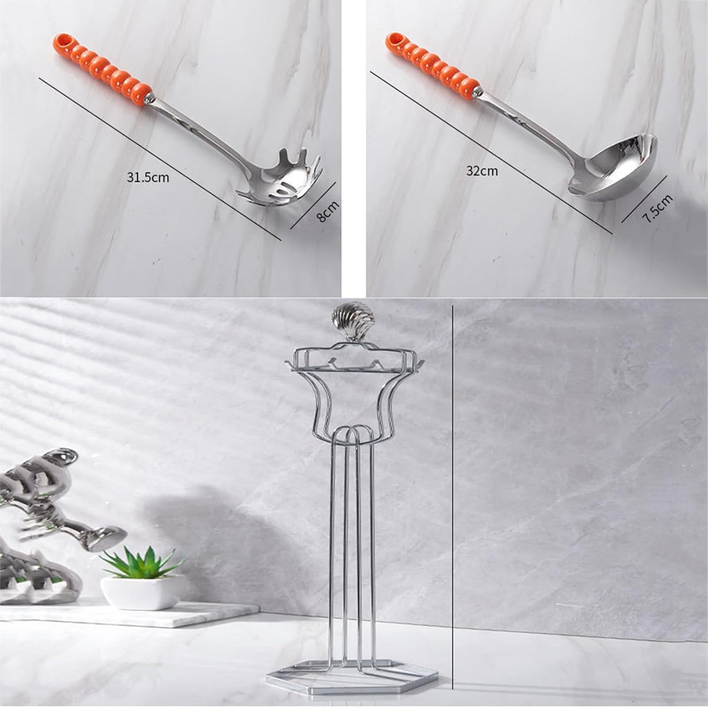 Cooking Utensils Set 7 Pcs with Hanging Shelf Stainless Steel Kitchenware Cookware Set with Ceramic Handle Include Slotted Spoon Slotted Spatula Large Spoon Soup Ladle Spatula Pasta Spoon, Avocado