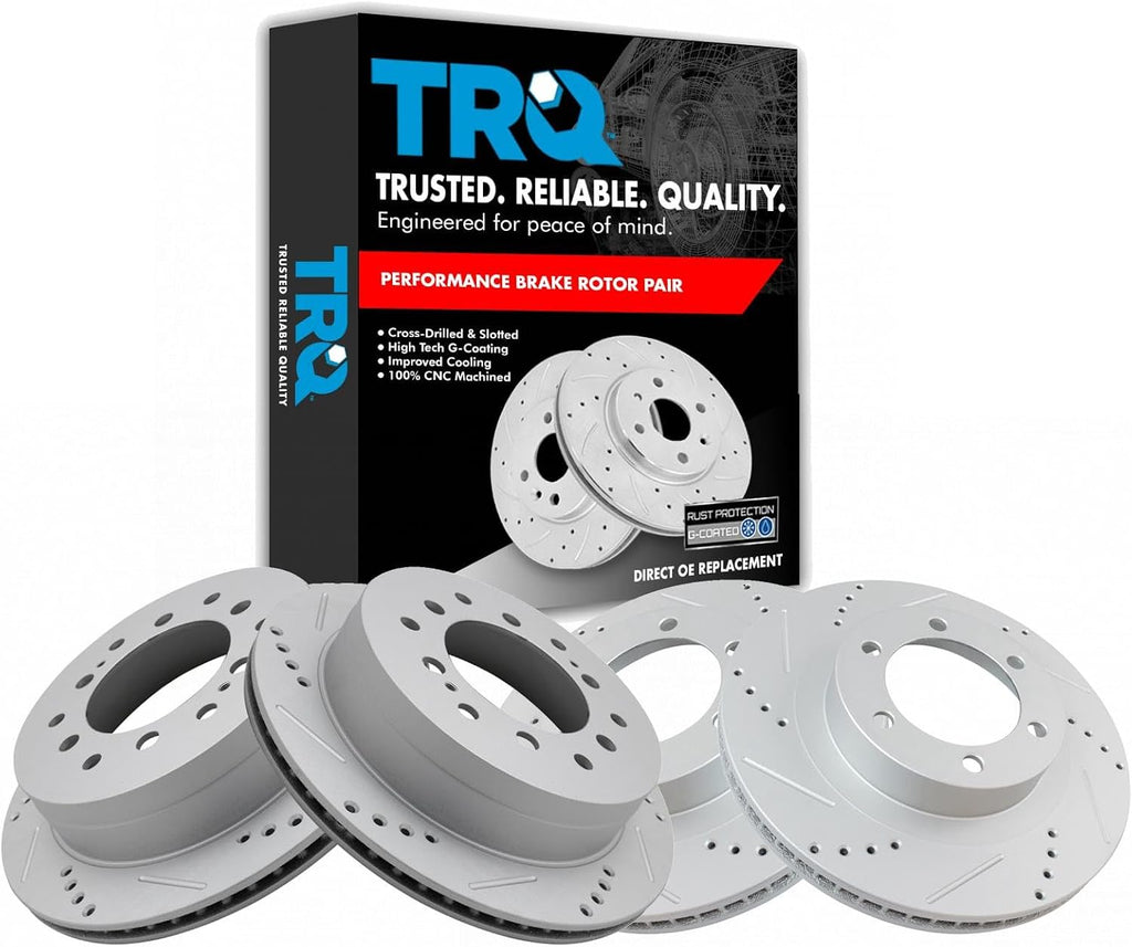 TRQ Front and Rear Brake Rotor Set G Coated Drilled and Slotted Compatible with 2003-2009 Lexus GX470 2003-2009 Toyota 4Runner