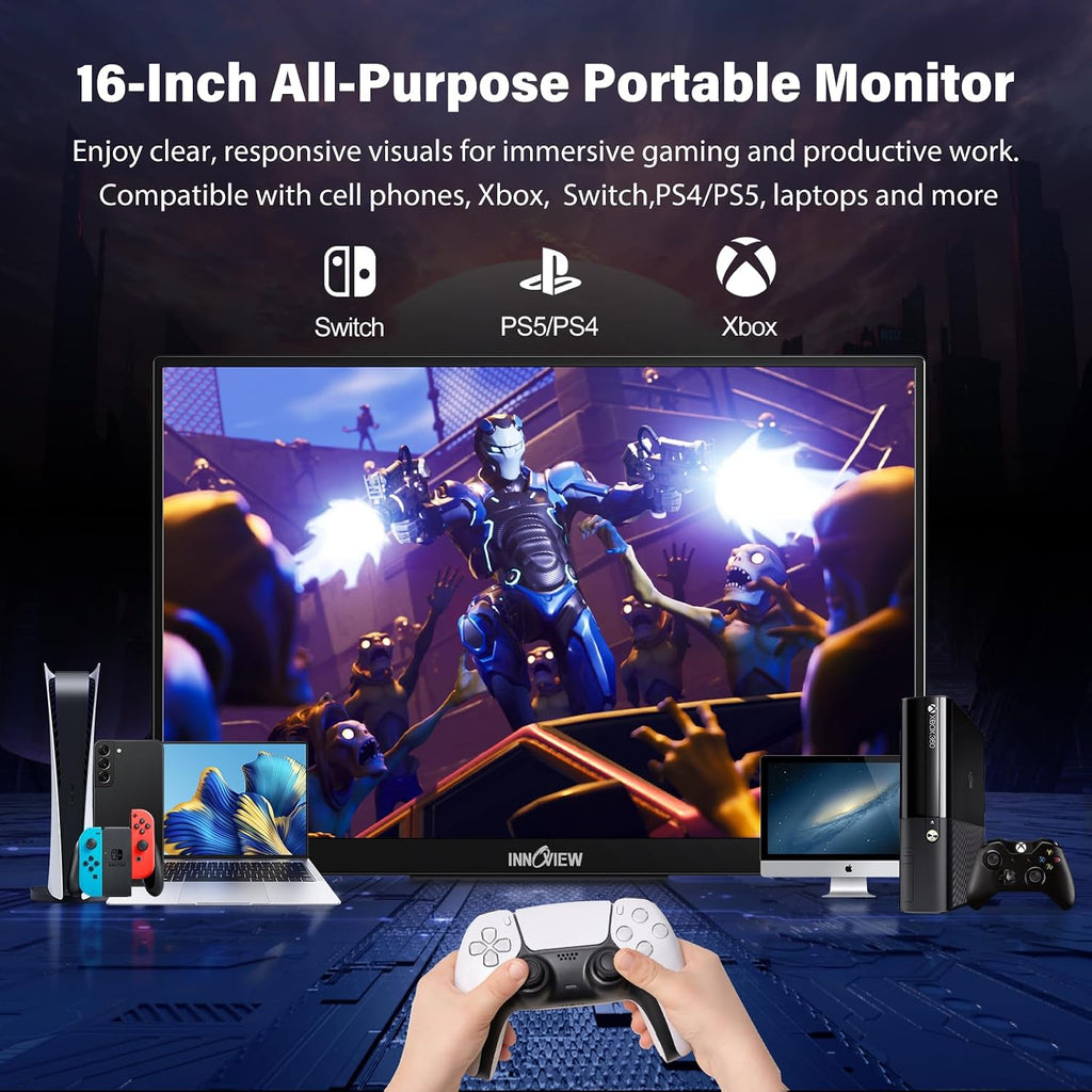 InnoView Portable Monitor 15.6' +16' Portable Monitor for Laptop with Protective Sleeve Built-in 90° Adjustable Stand USB C HDMI Ultra-Slim Portable Laptop Monitor for MacBook Phone PS4/5 Xbox Switch