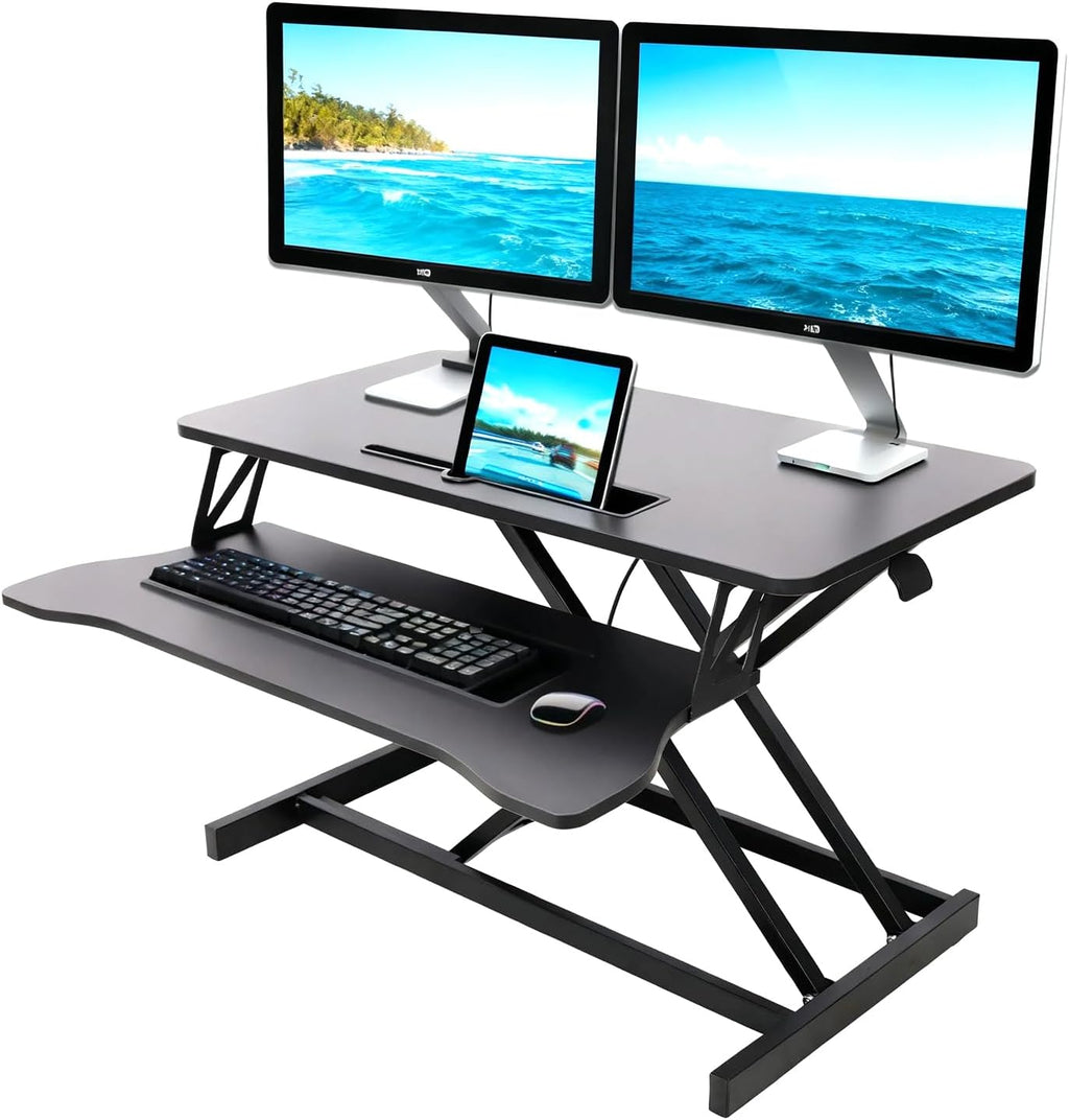 Standing Desk Converter, Height Adjustable Sit to Stand Riser, Dual Monitor and Laptop Workstation with Wide Keyboard Tray, Desk Lifter for Home Office