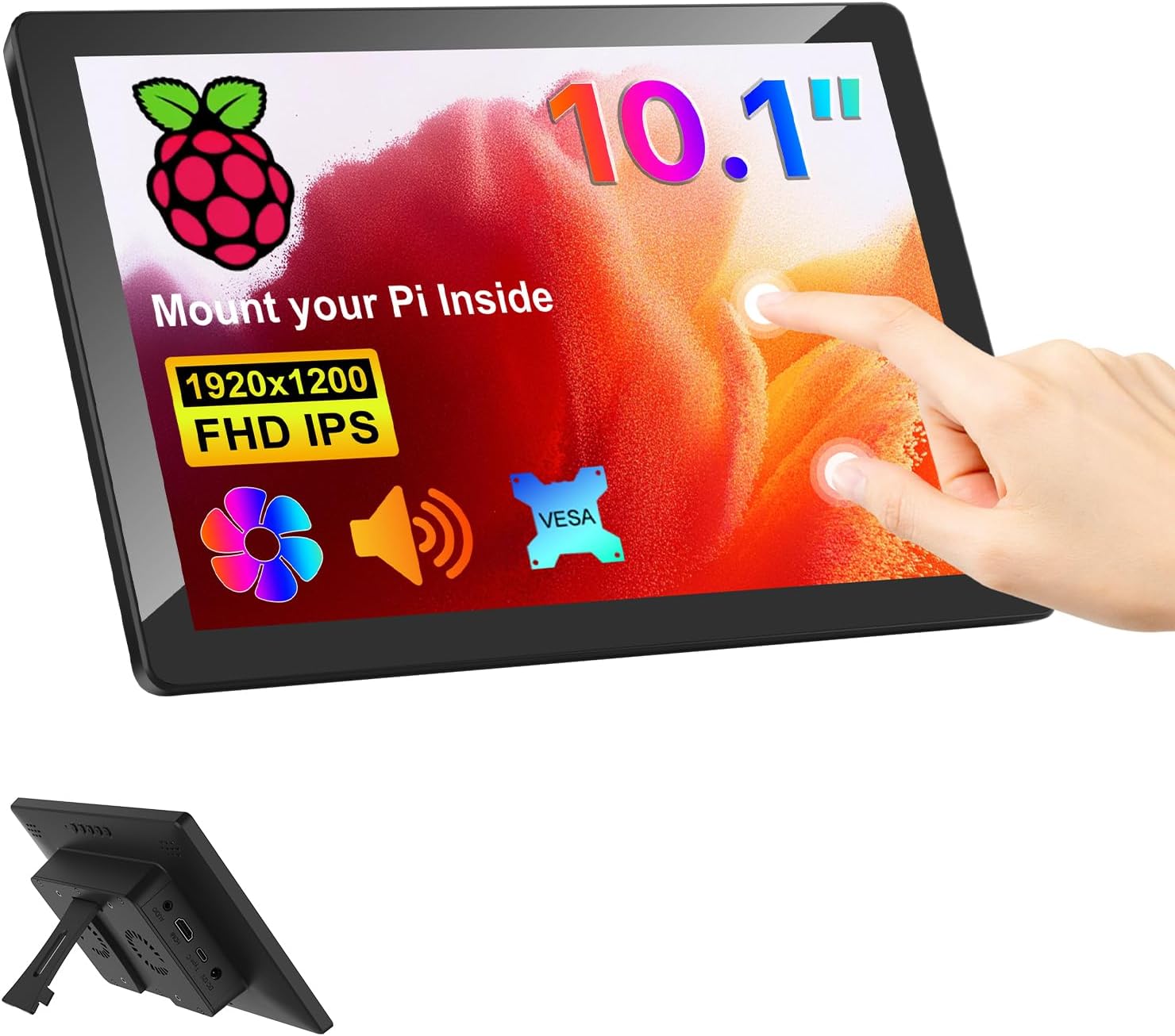 MAGEX 10.1 Inch Touch Screen Monitor with Case - pi screen IPS FHD 1920x1200, 10-Point, pi display with HDMI Dual-Speaker, pi touchscreen for Pi 5/4/3/2/Zero/Win11/10/8/7/VESA, Fan, Stand, Driver-Free