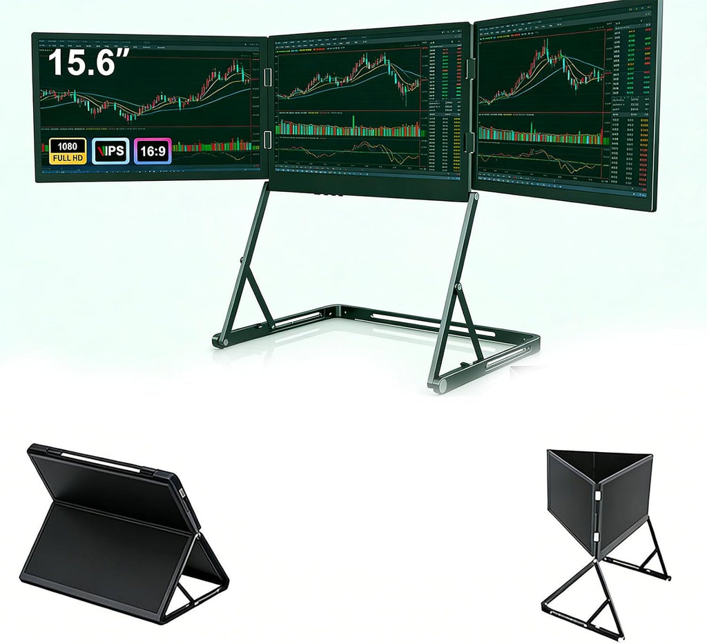 15.6'Laptop Tri-Fold Monitor, 1080p Fhd Portable Laptop Screen Extender, Type-C/HDMI/USB-C Plug-Play Triple Monitor with 360° Rotation Adjustable Viewing Angles Compatible