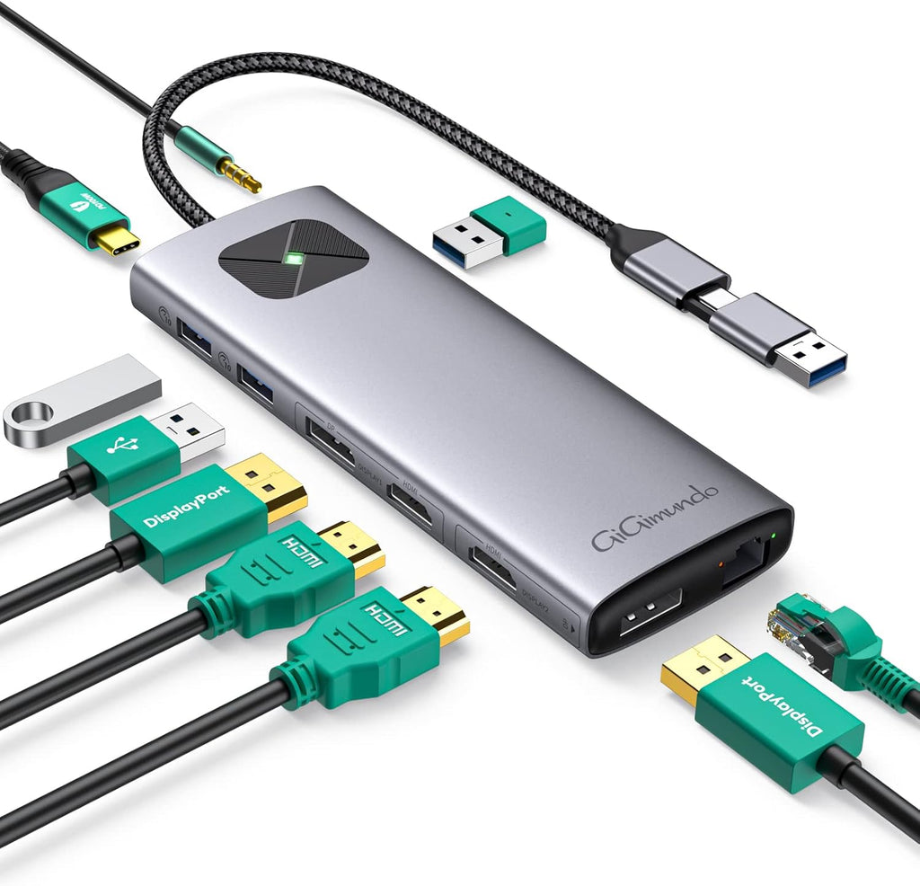GiGimundo LK10 10 in 1 Laptop Docking Station Dual Monitor, USB C Hub Dual 4K@60Hz HDMI, 2 DP, 3 USB A, 100W PD, 1000Mbps Ethernet, 3.5MM Audio, USB Multiport C Adapter for MacBook/DELL/HP/Lenovo