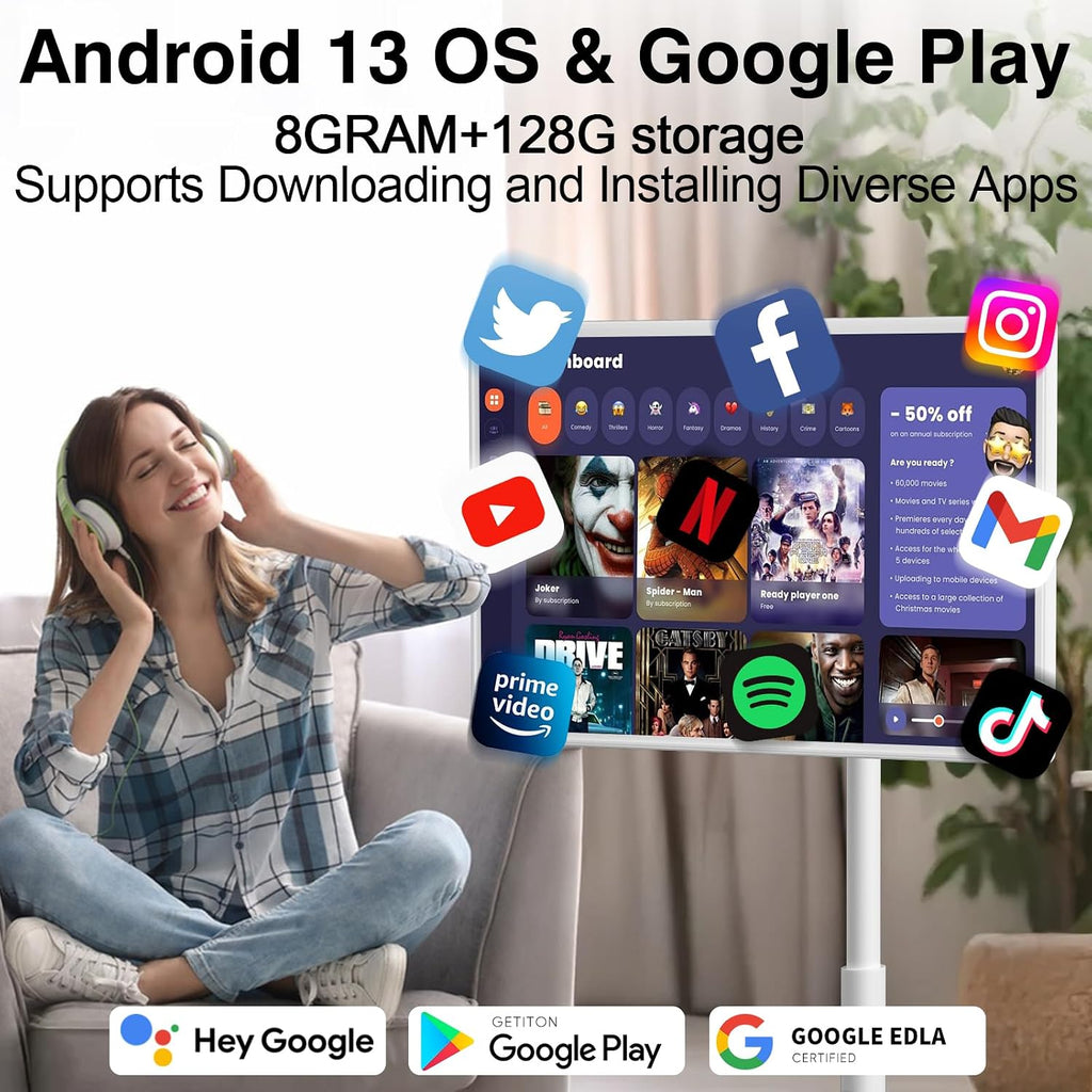 32 inch Portable Smart Tablet TV on Wheels with Full HD Rolling Touchscreen Monitor and Tablet in one, (8GRAM+128GB),Android 13,(5-8-Hour) Battery,Full Swivel Rotation,Voice Remote Control