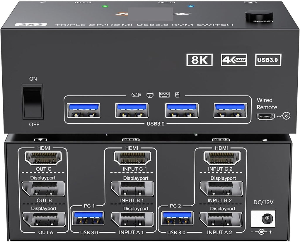 KVM Switch 3 Monitors 2 Computers 8K@60Hz 4K@144Hz, 2 Displayport + HDMI USB3.0 KVM Switch Triple Monitor with 4 USB 3.0 Port(EU Plug)