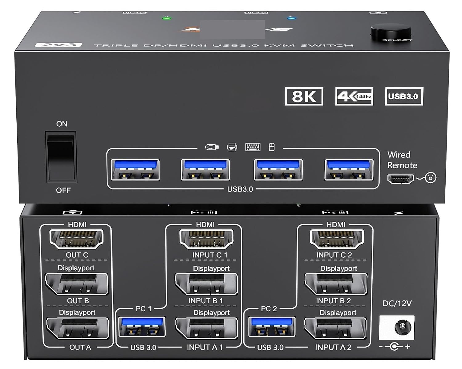 KVM Switch 3 Monitors 2 Computers 8K@60Hz 4K@144Hz, 2 Displayport + HDMI USB3.0 KVM Switch Triple Monitor with 4 USB 3.0 Port(EU Plug)