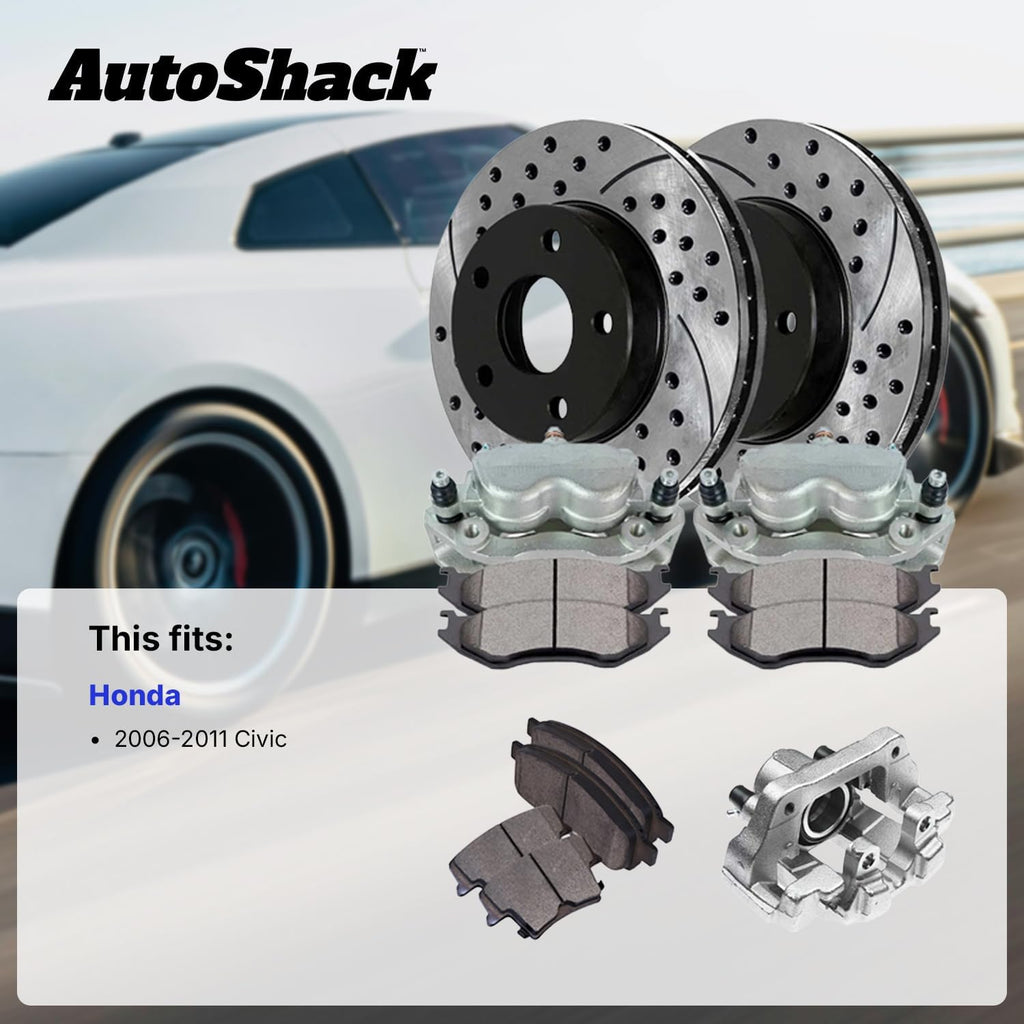 AutoShack Front Brake Rotors, Ceramic Pads & Calipers for Honda, Civic 2006-2011, FWD L4 1.3L - E-Coated Drilled & Slotted - ShadowGuard - 10.31' (261.9 mm), 5-Lug